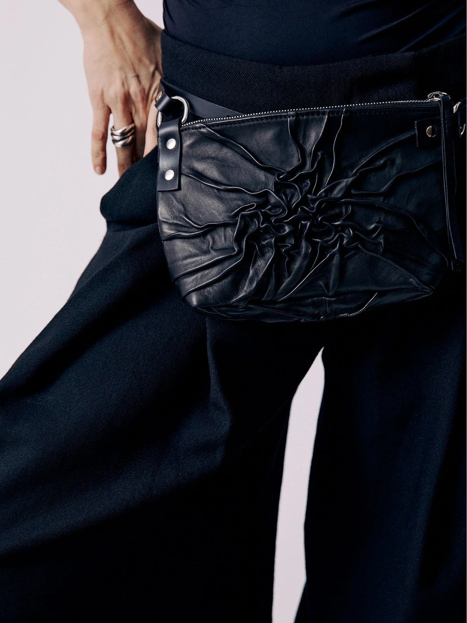 NOAM Gathered Leather Multiway Bag – worn around the waist