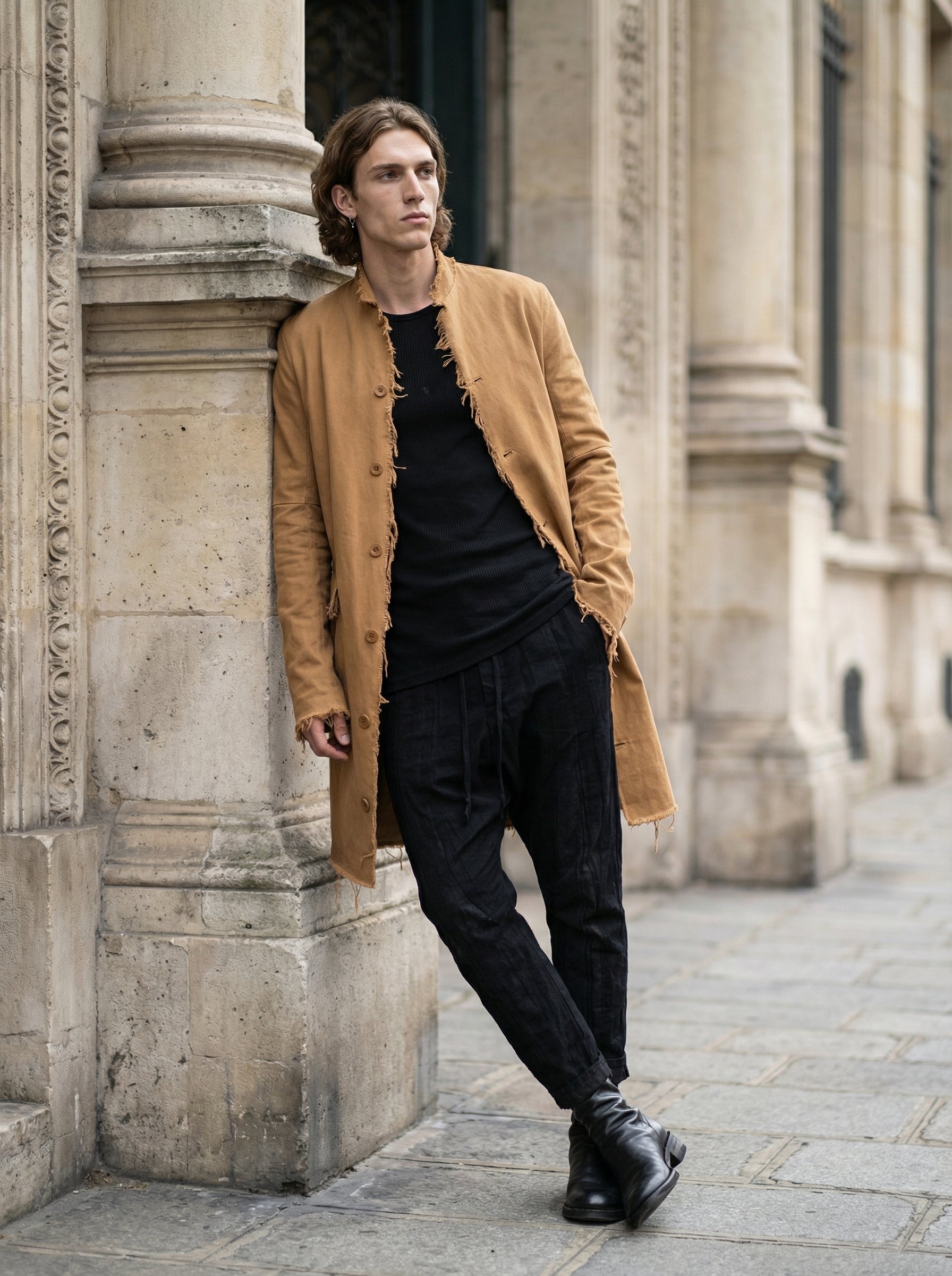 AITO - Long Frayed Edge Button-Up Jacket - Editorial - Leaning Pose