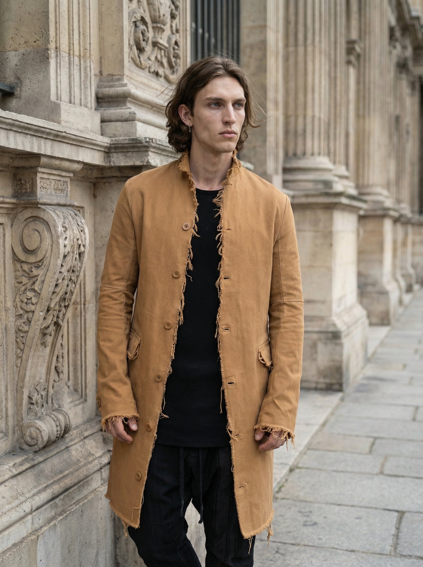 AITO - Long Frayed Edge Button-Up Jacket - Three Quarter - Detail Focus