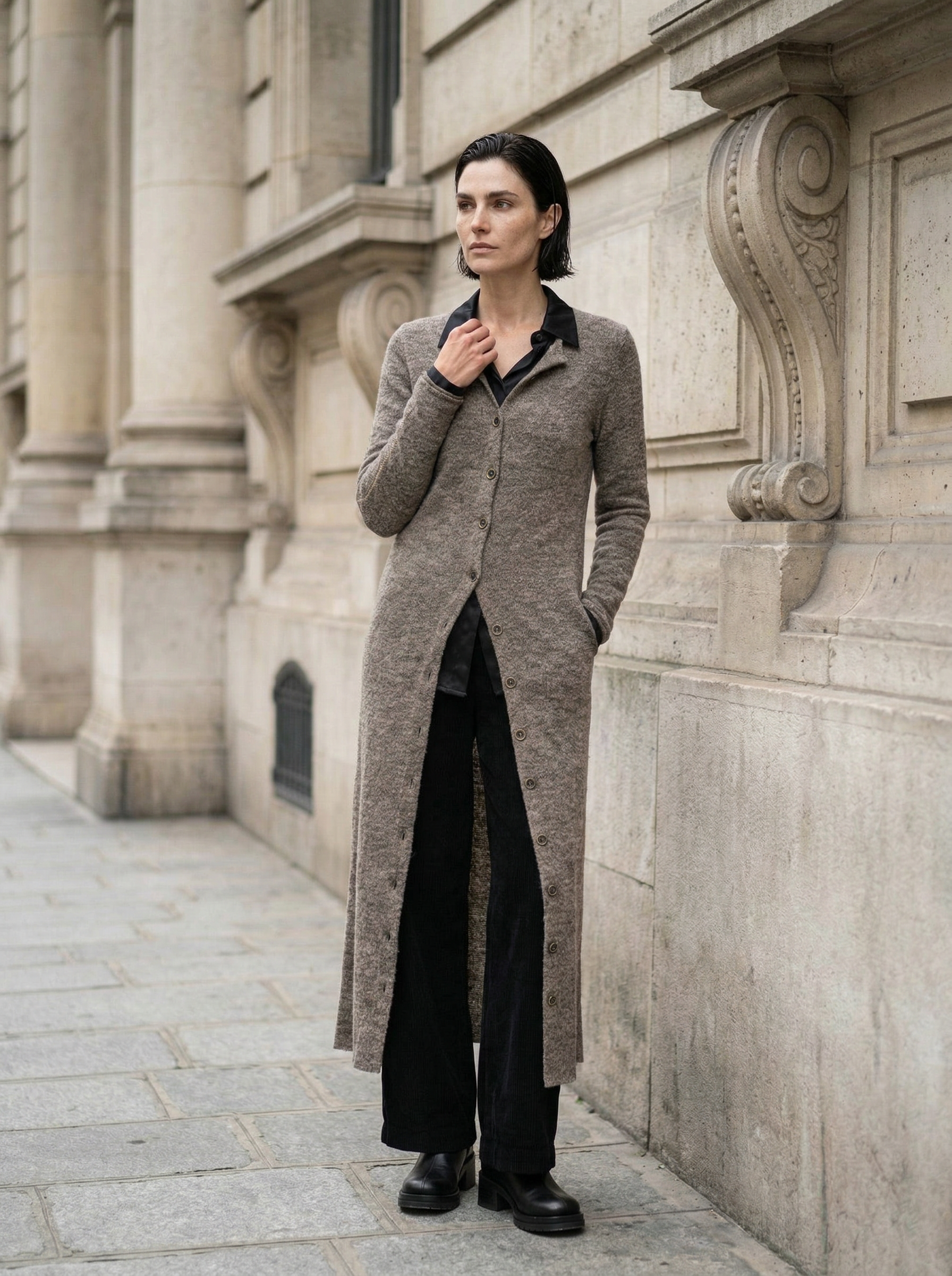 NOSTRA SANTISSIMA - Long Buttoned Cardigan - Full Body - Standing Pose