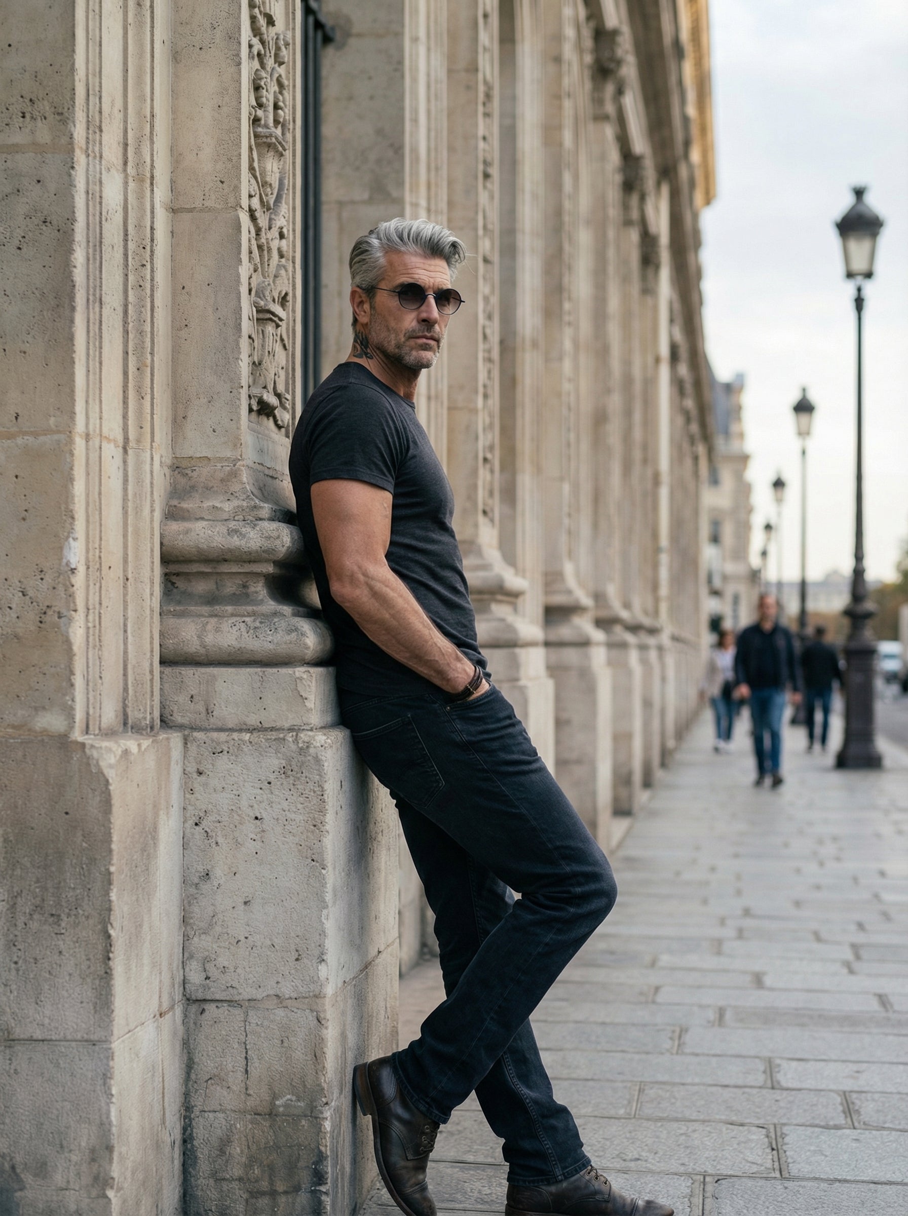 RIGARDS - Gradient Lens Titanium Sunglasses - Editorial - Leaning Pose