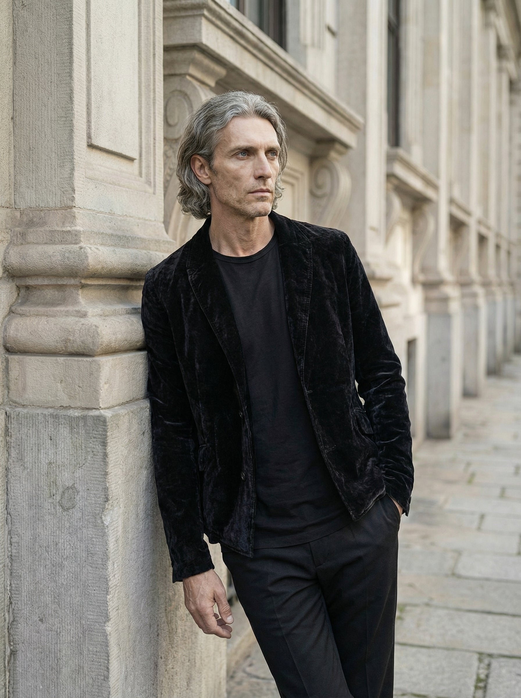 THOM KROM - Velvet Cotton-Blend Blazer - Editorial - Leaning Pose