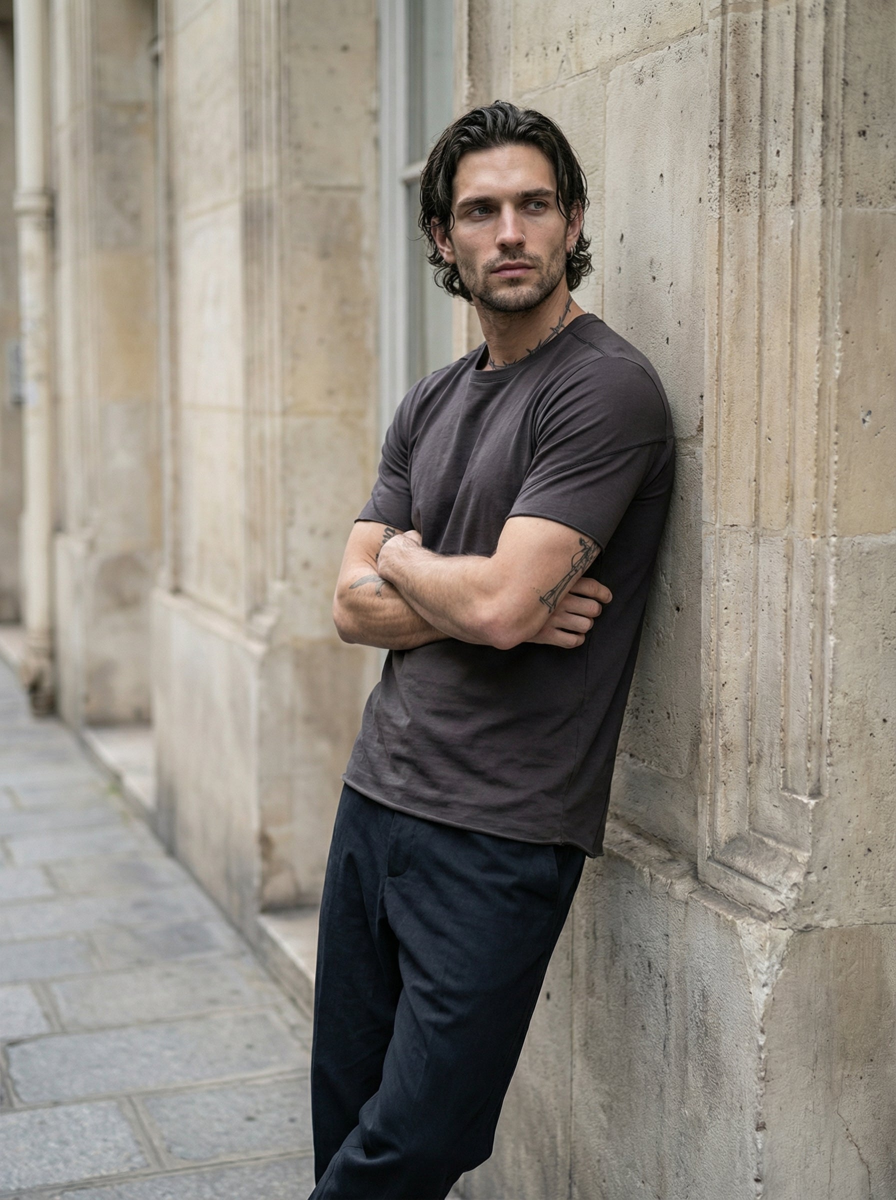 THOM KROM - Round Neck T-shirt - Editorial - Leaning Pose