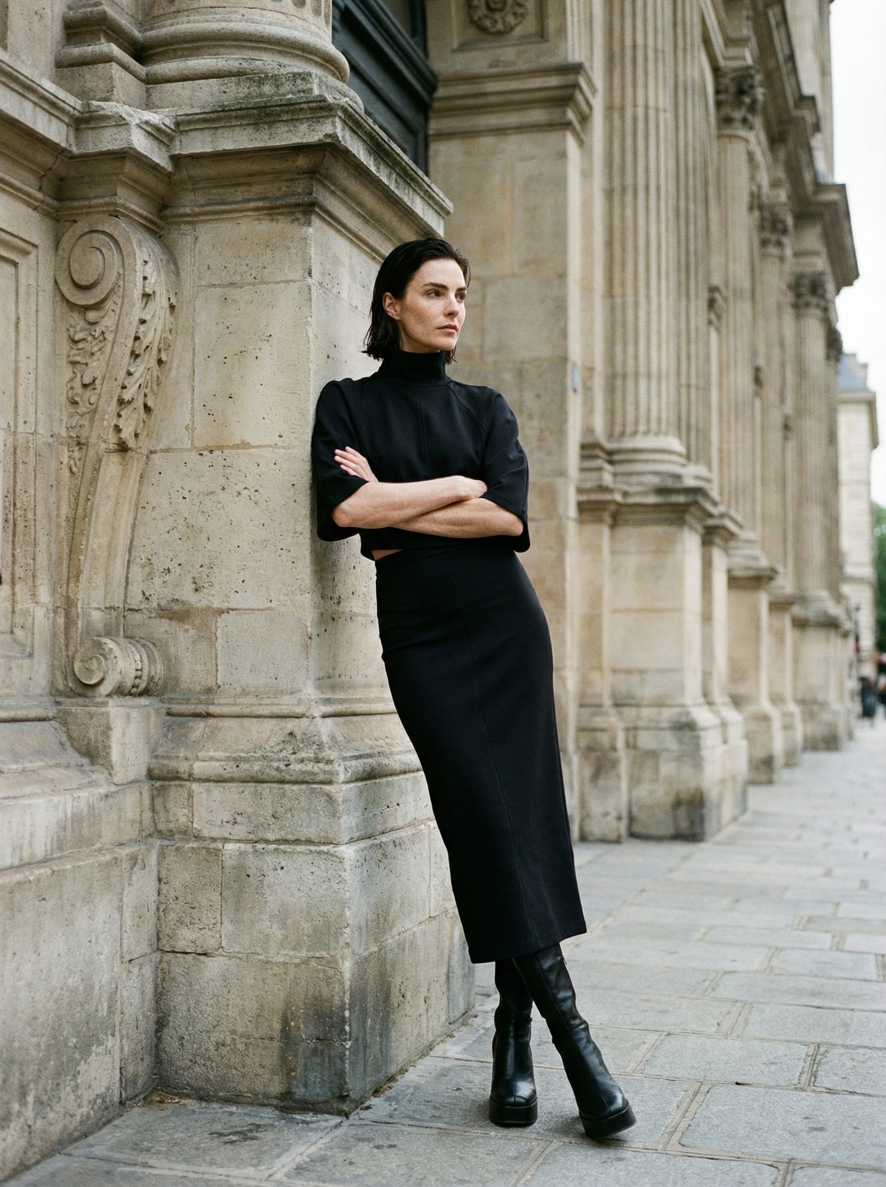 THOM KROM - Turtleneck Top - Editorial - Leaning Pose