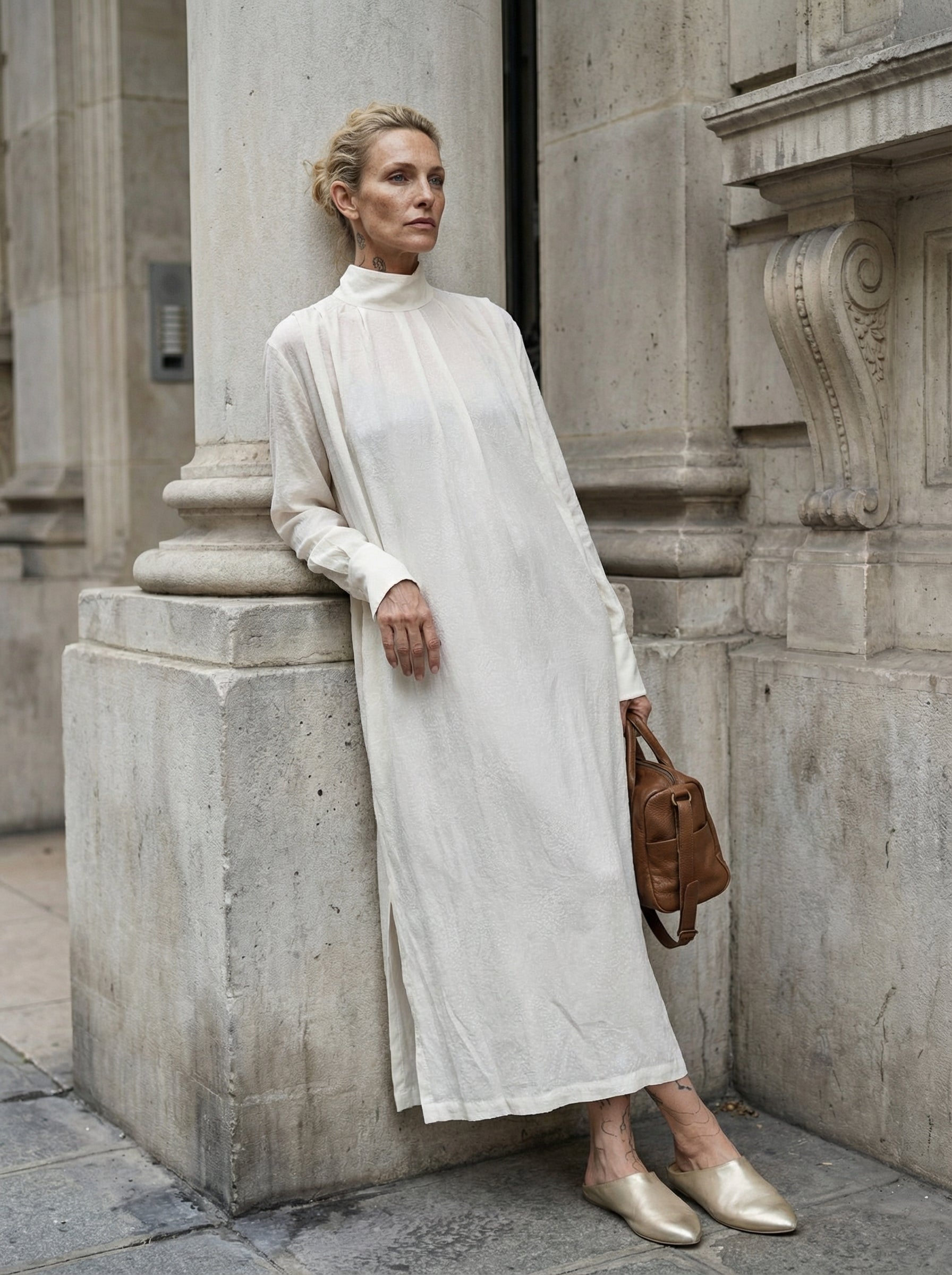 NOSTRA SANTISSIMA - High-Neck Textured Long Dress - Editorial - Leaning Pose