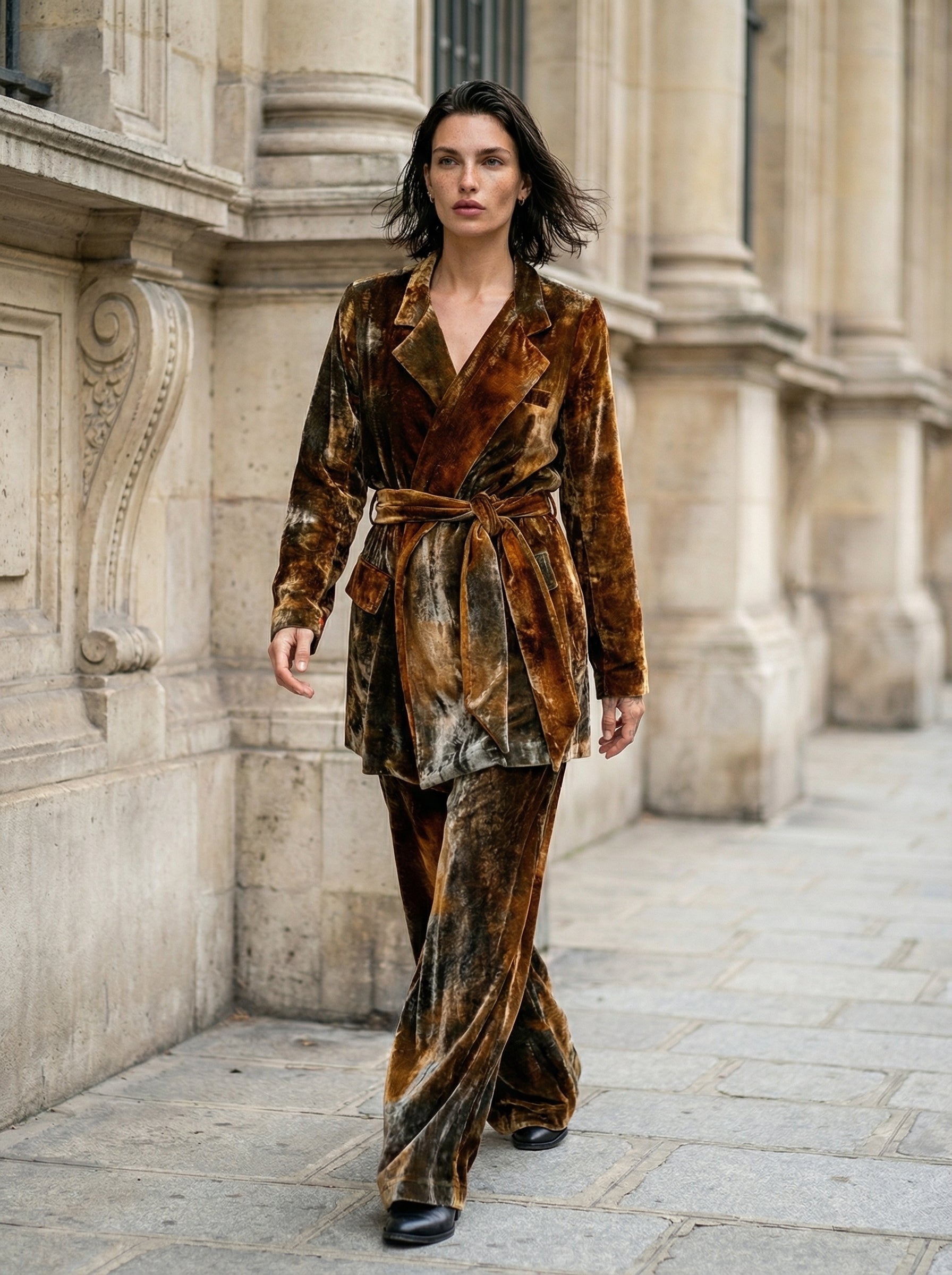 NOSTRA SANTISSIMA - Velvet Wrap Jacket - Full Body - Walking Motion