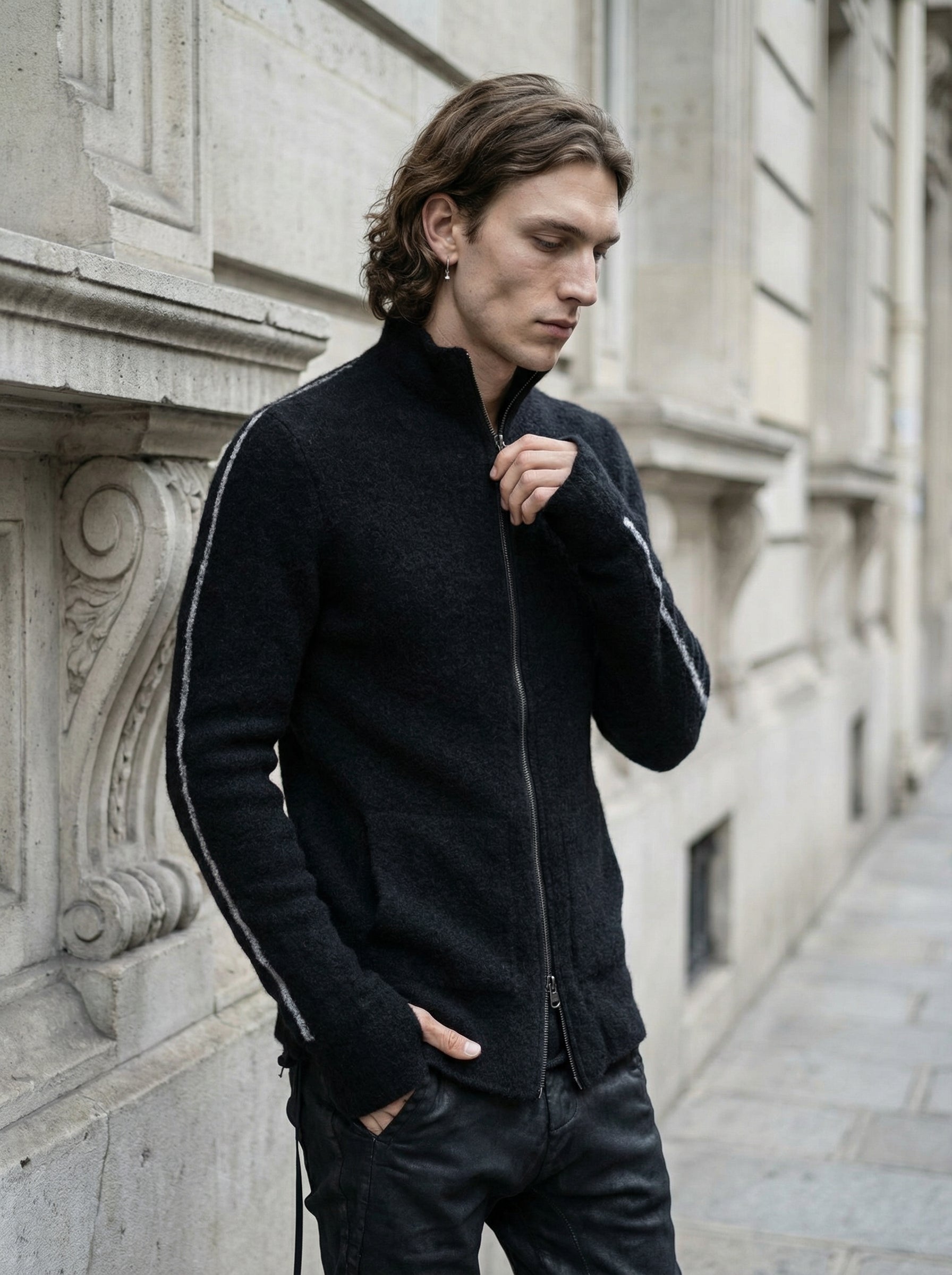 MD75 - Brushed Cashmere Silk Zip Cardigan - Full Body - Standing Pose