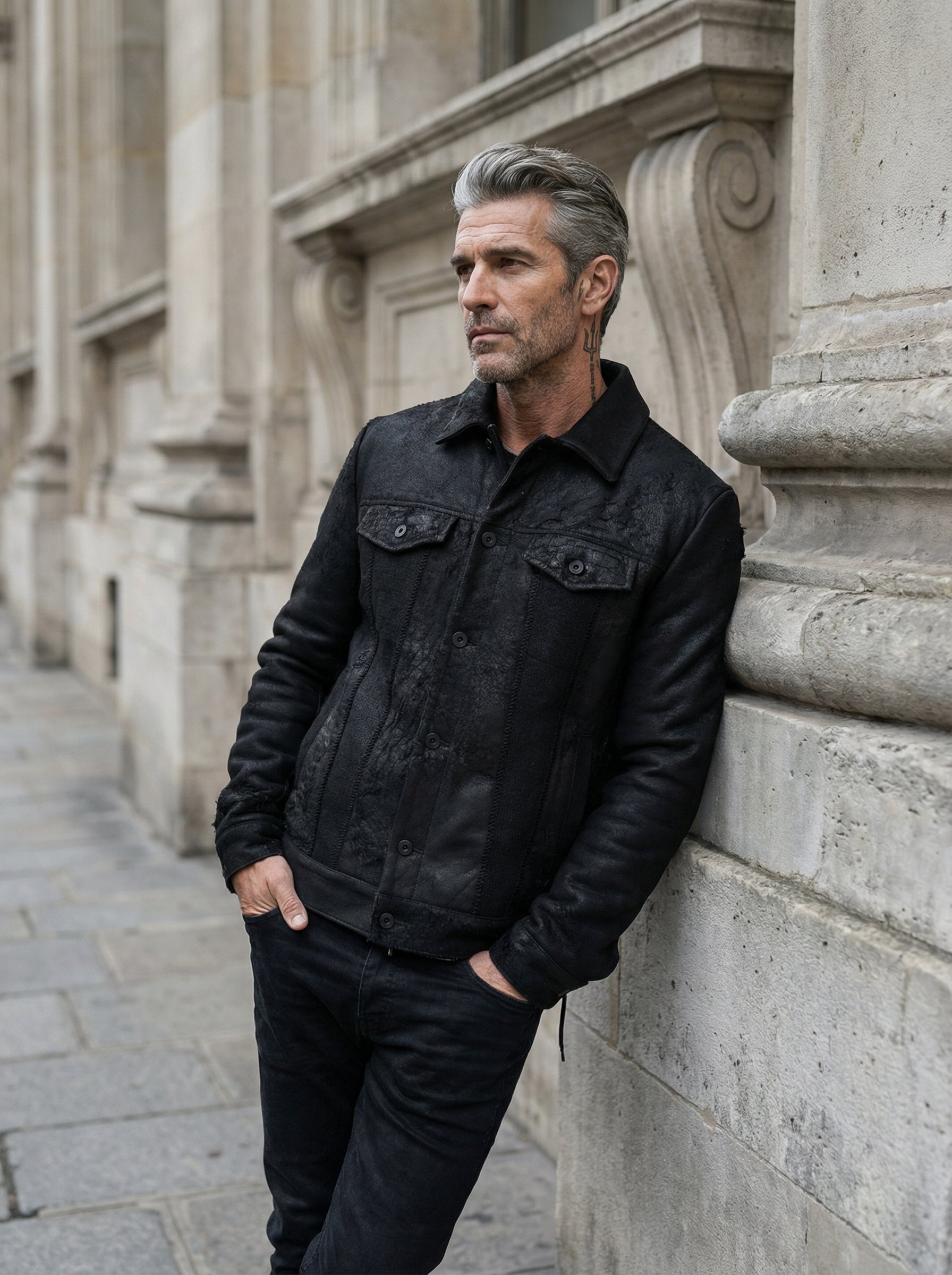 MD75 - Leather and Wool Mixed-Media Jacket - Editorial - Leaning Pose