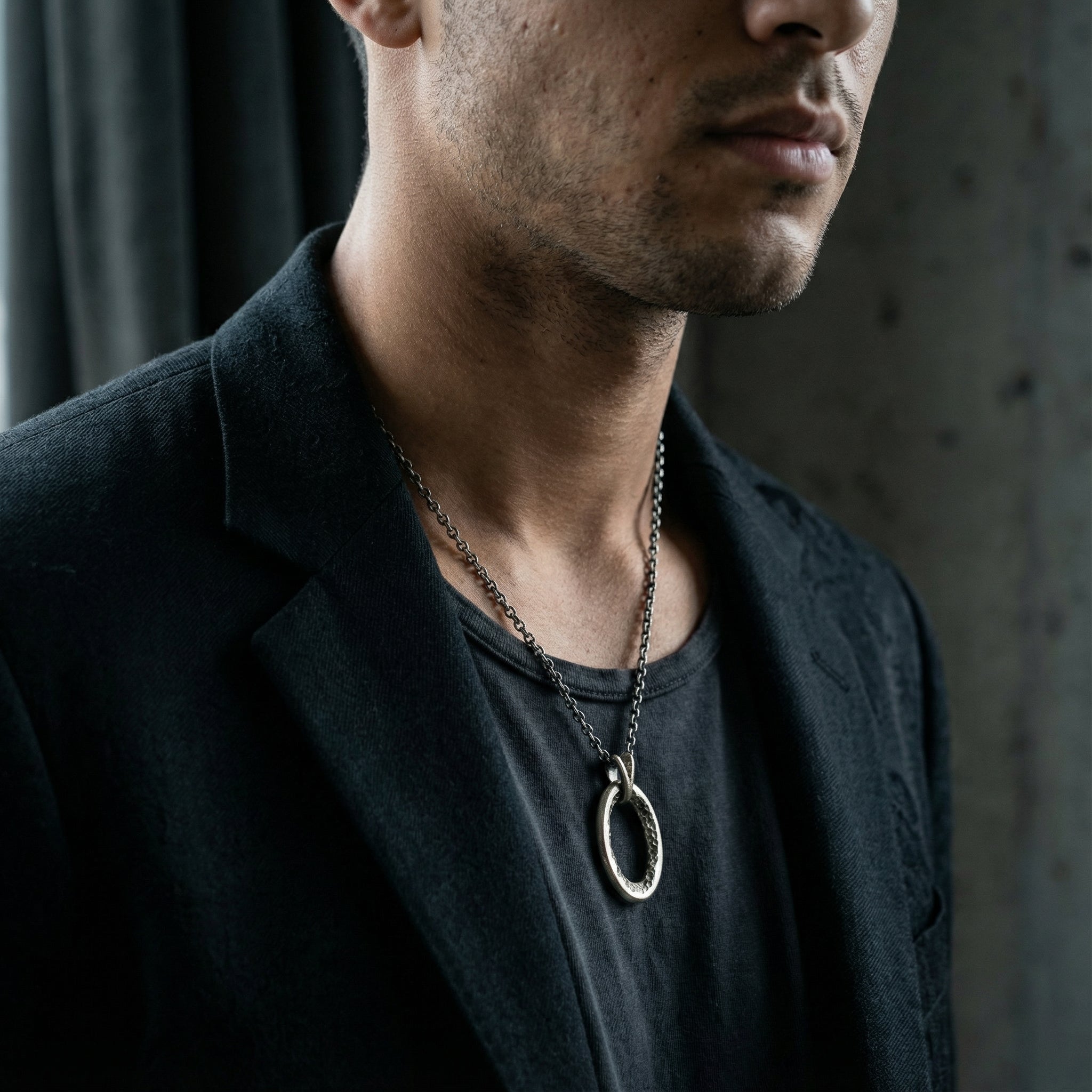 AITO - Pendant Necklace with Raw Oval Element - Male Chest Shot
