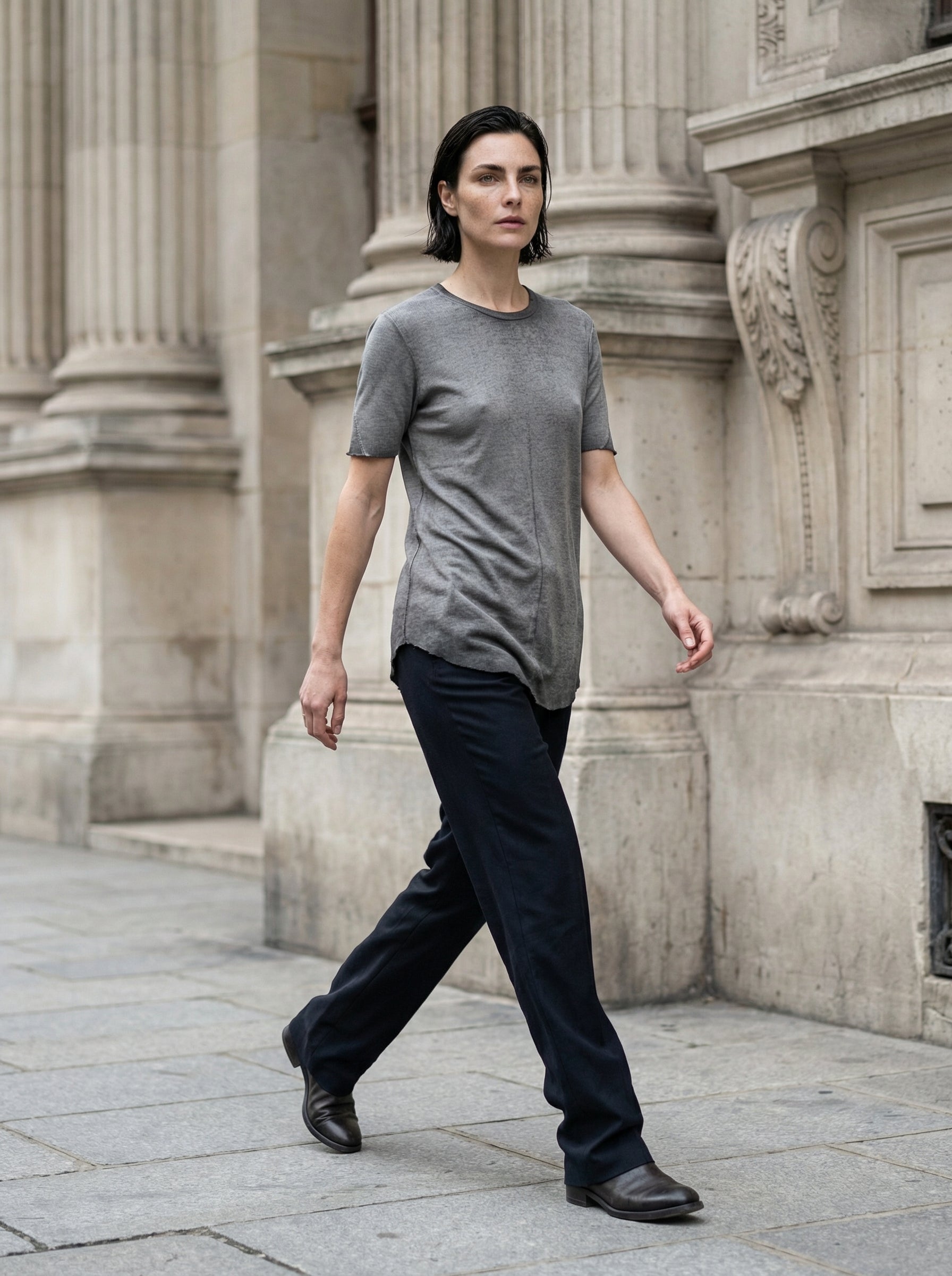THOM KROM - Raw Edge Rib T-Shirt - Full Body - Walking Motion