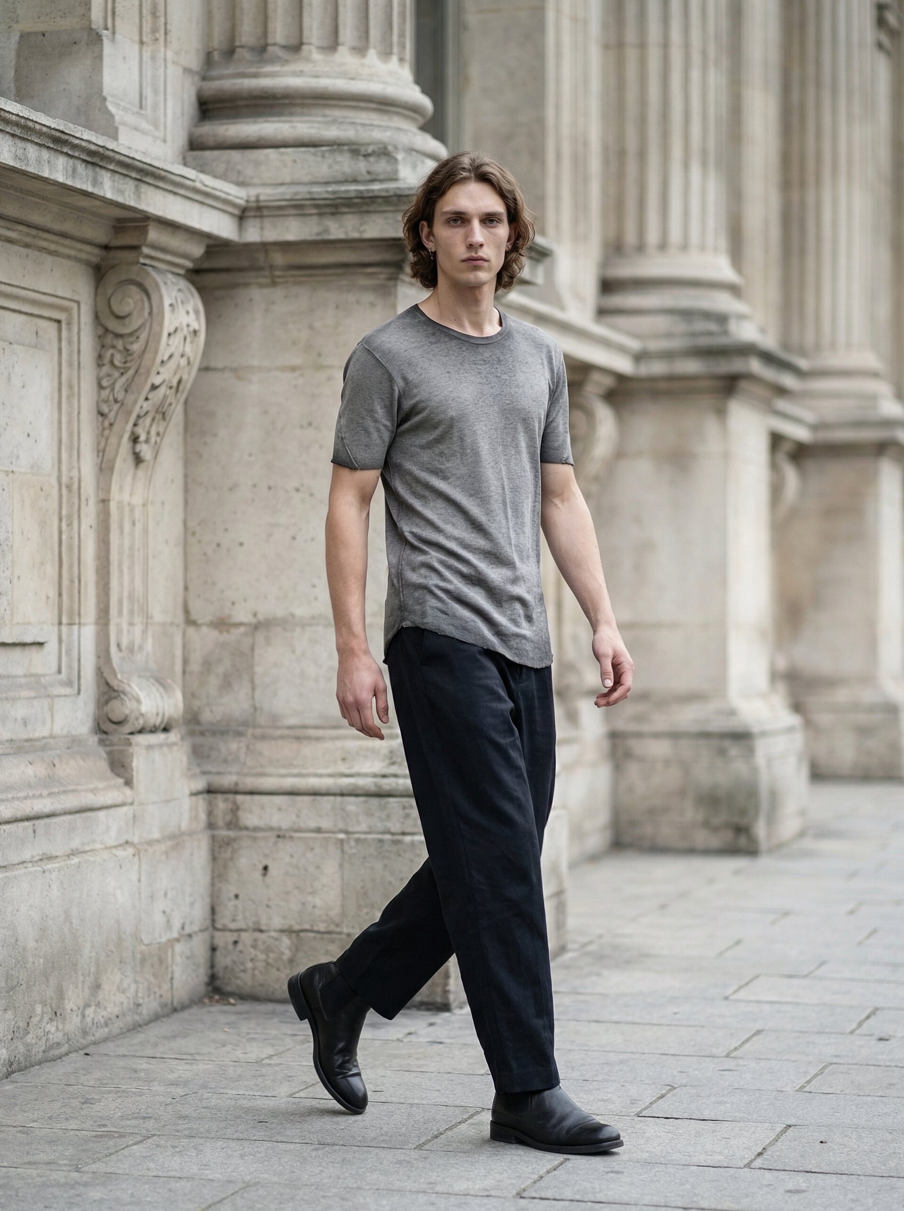 THOM KROM - Raw Edge Rib T-Shirt - Full Body - Walking Motion