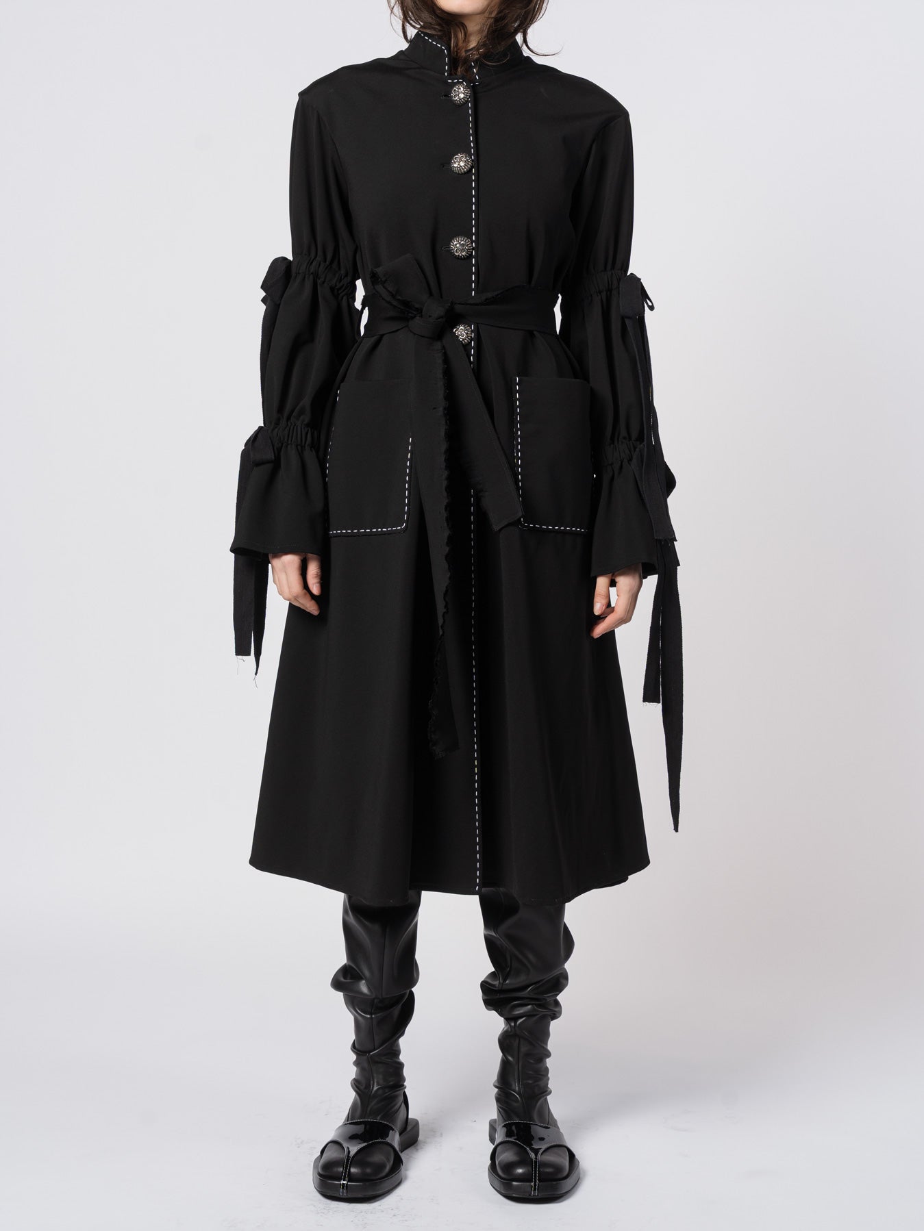 Belted Puff-Sleeve Tailored Coat