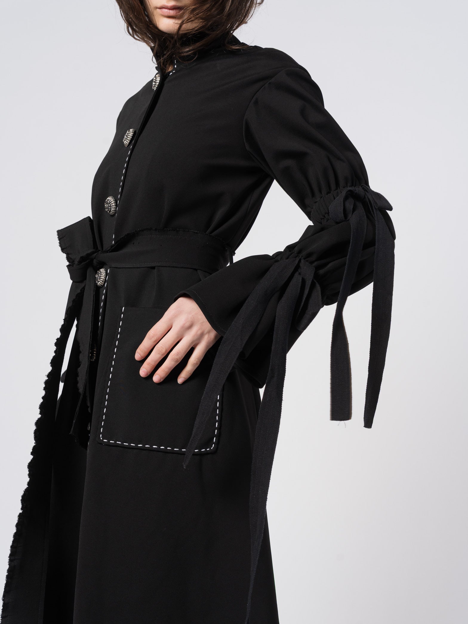 Belted Puff-Sleeve Tailored Coat