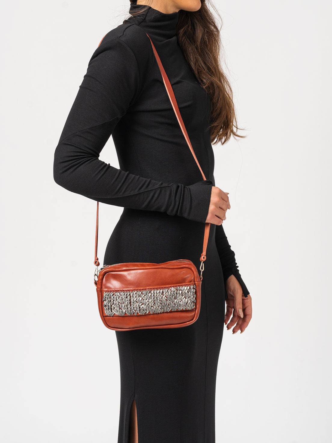 Crossbody Bag with Silver Leaves Embroidery - INN7