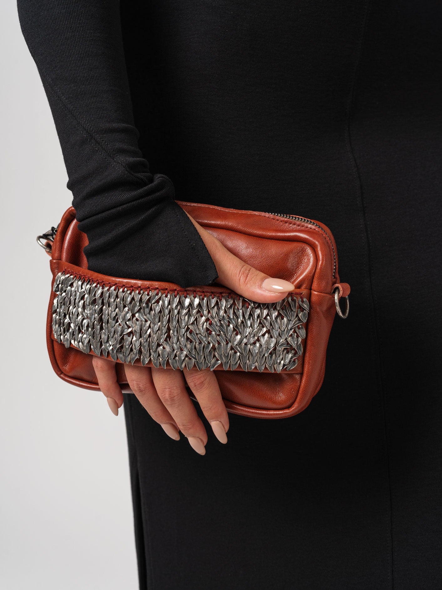 Crossbody Bag with Silver Leaves Embroidery - INN7