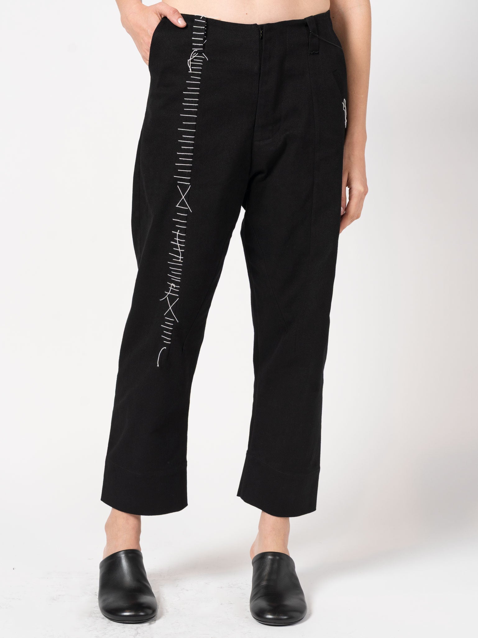 Wide Cotton Pants with Hand Stitching