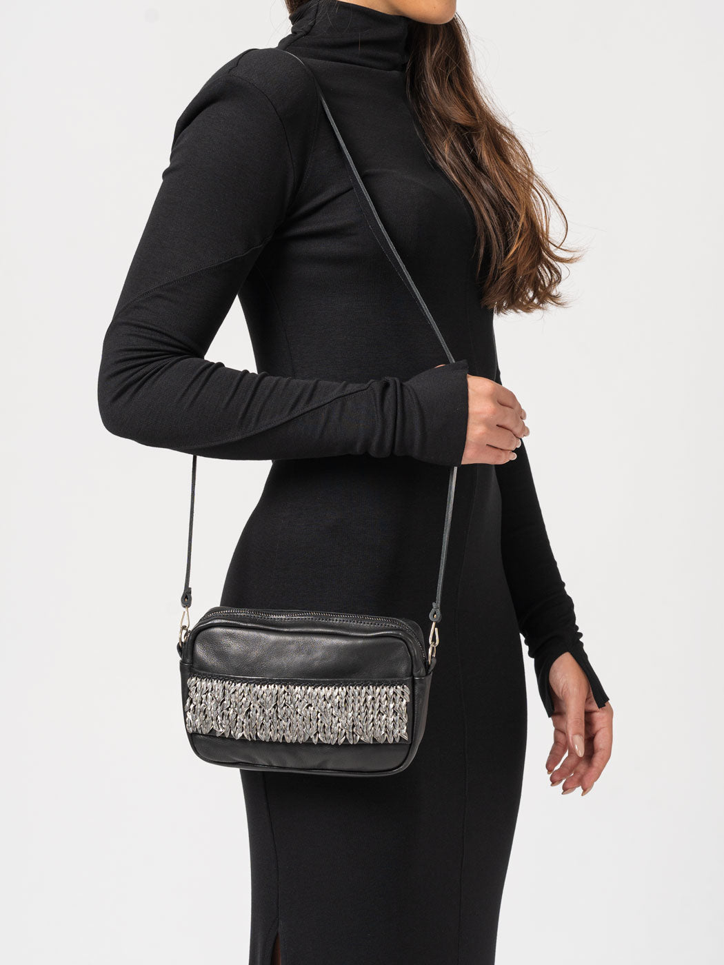 Crossbody Bag with Silver Leaves Embroidery - INN7