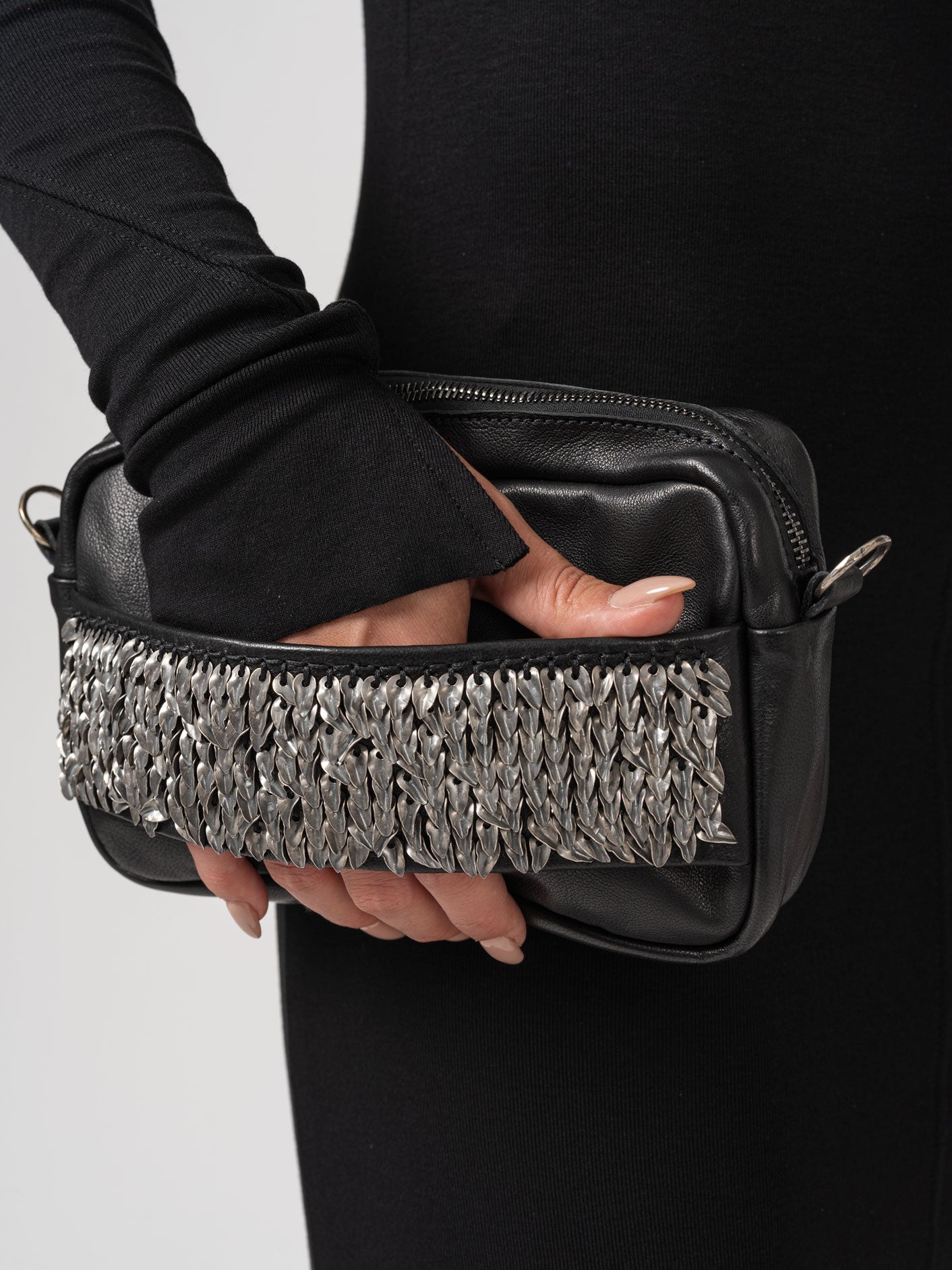 Crossbody Bag with Silver Leaves Embroidery - INN7