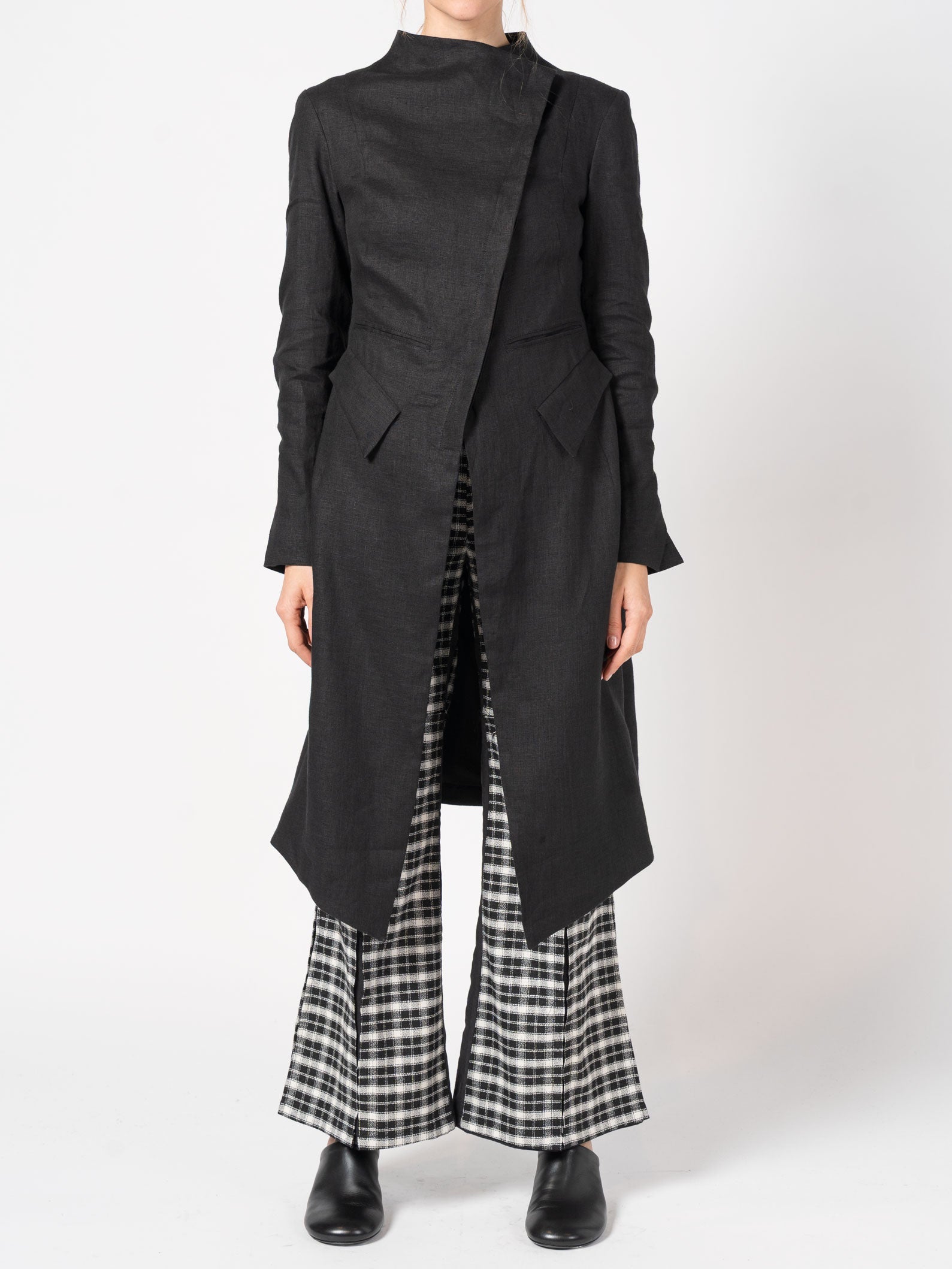 Asymmetrical Linen Coat with Stand Collar - INN7