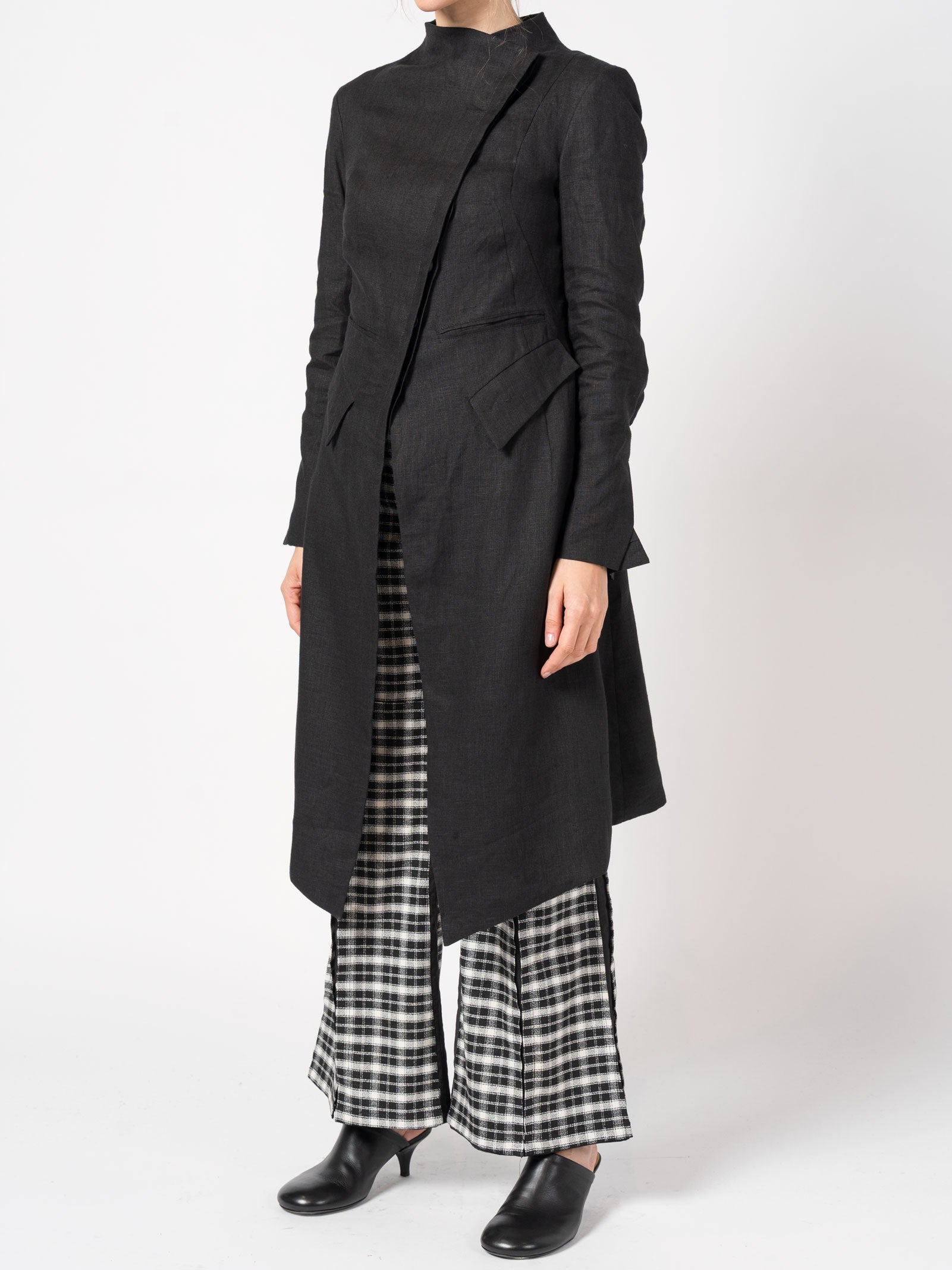 Asymmetrical Linen Coat with Stand Collar - INN7