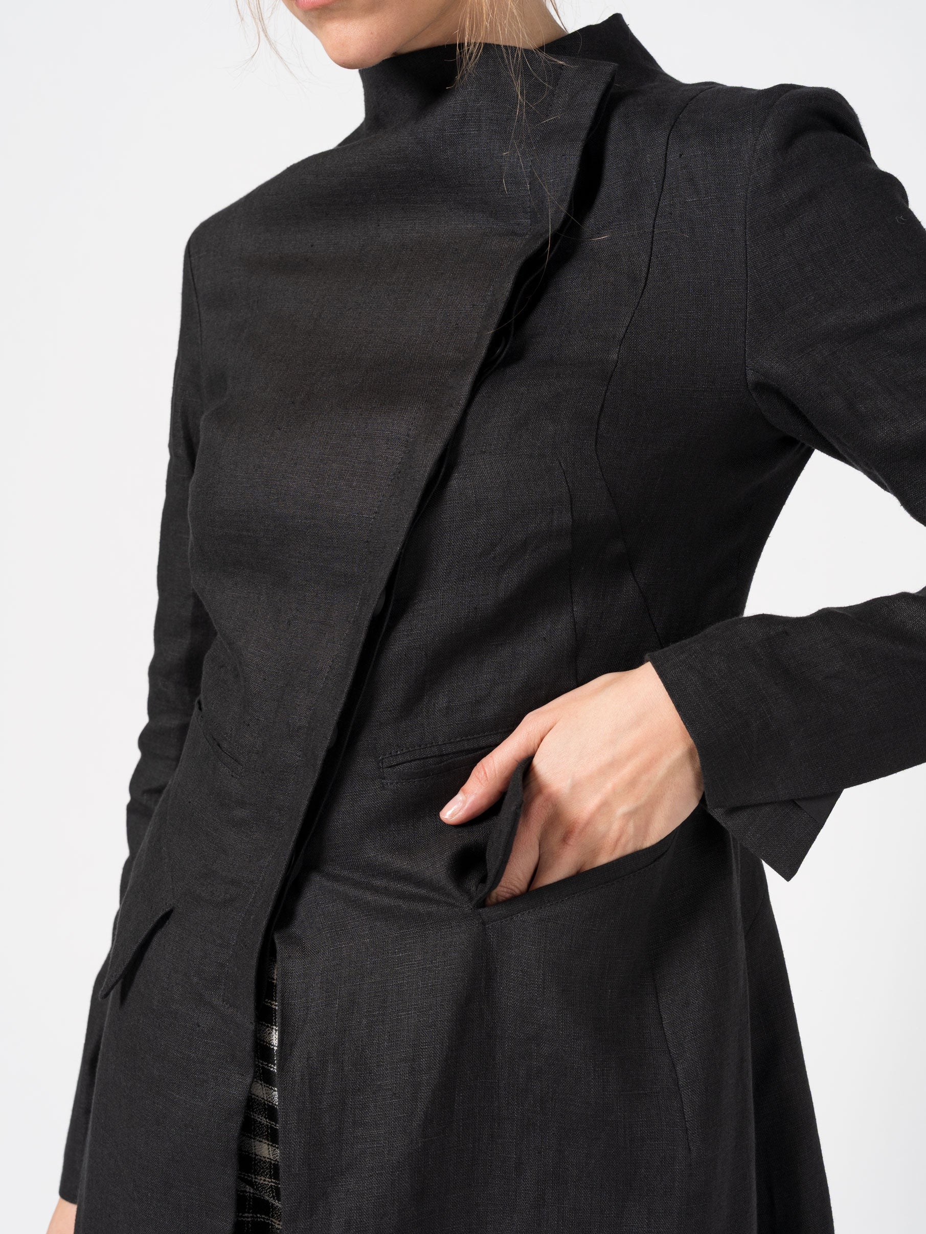 Asymmetrical Linen Coat with Stand Collar - INN7