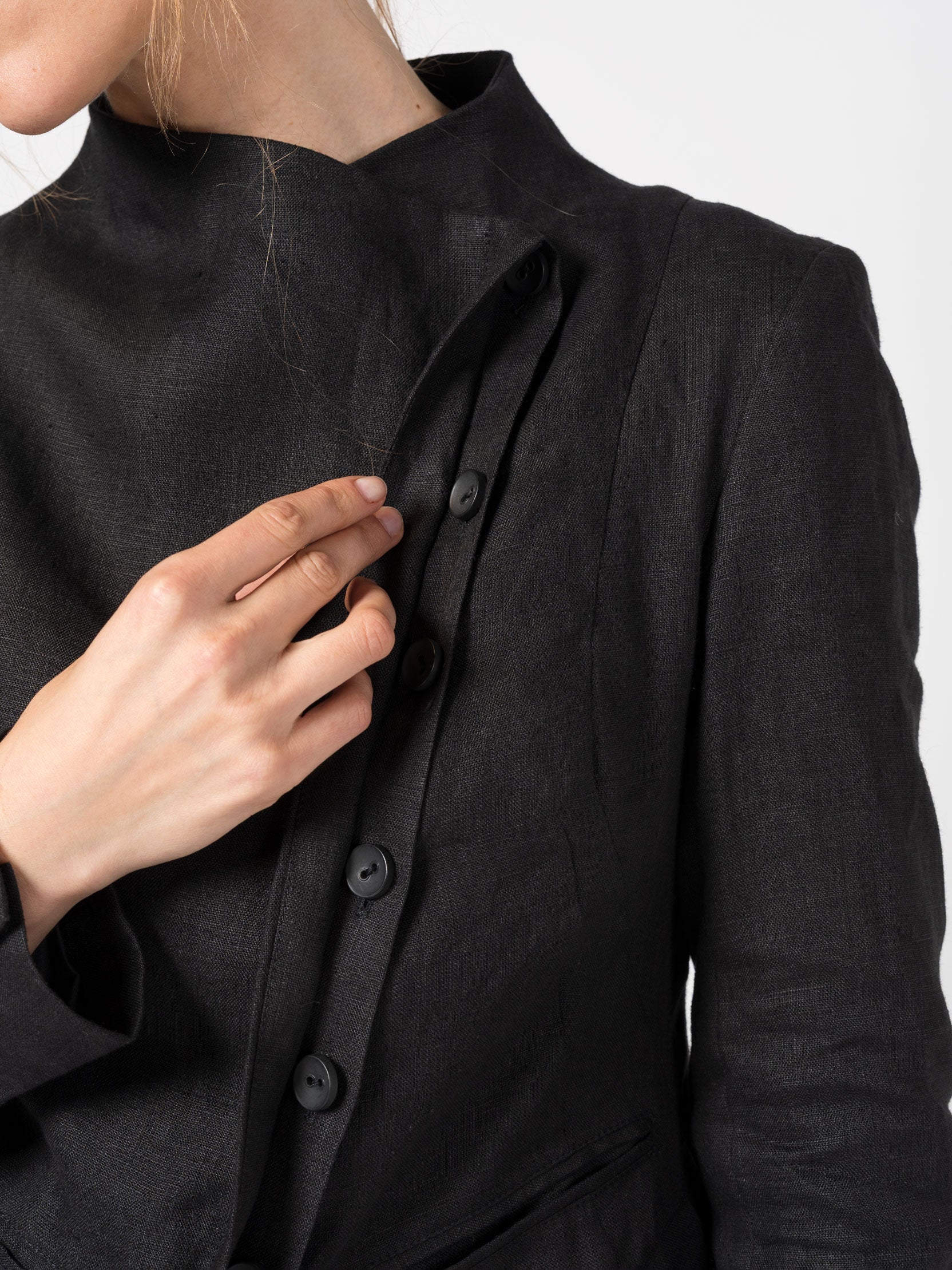 Asymmetrical Linen Coat with Stand Collar - INN7
