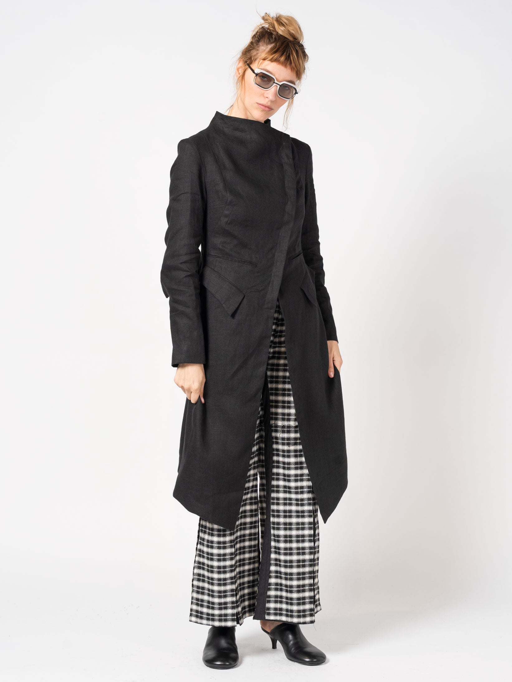 Asymmetrical Linen Coat with Stand Collar - INN7