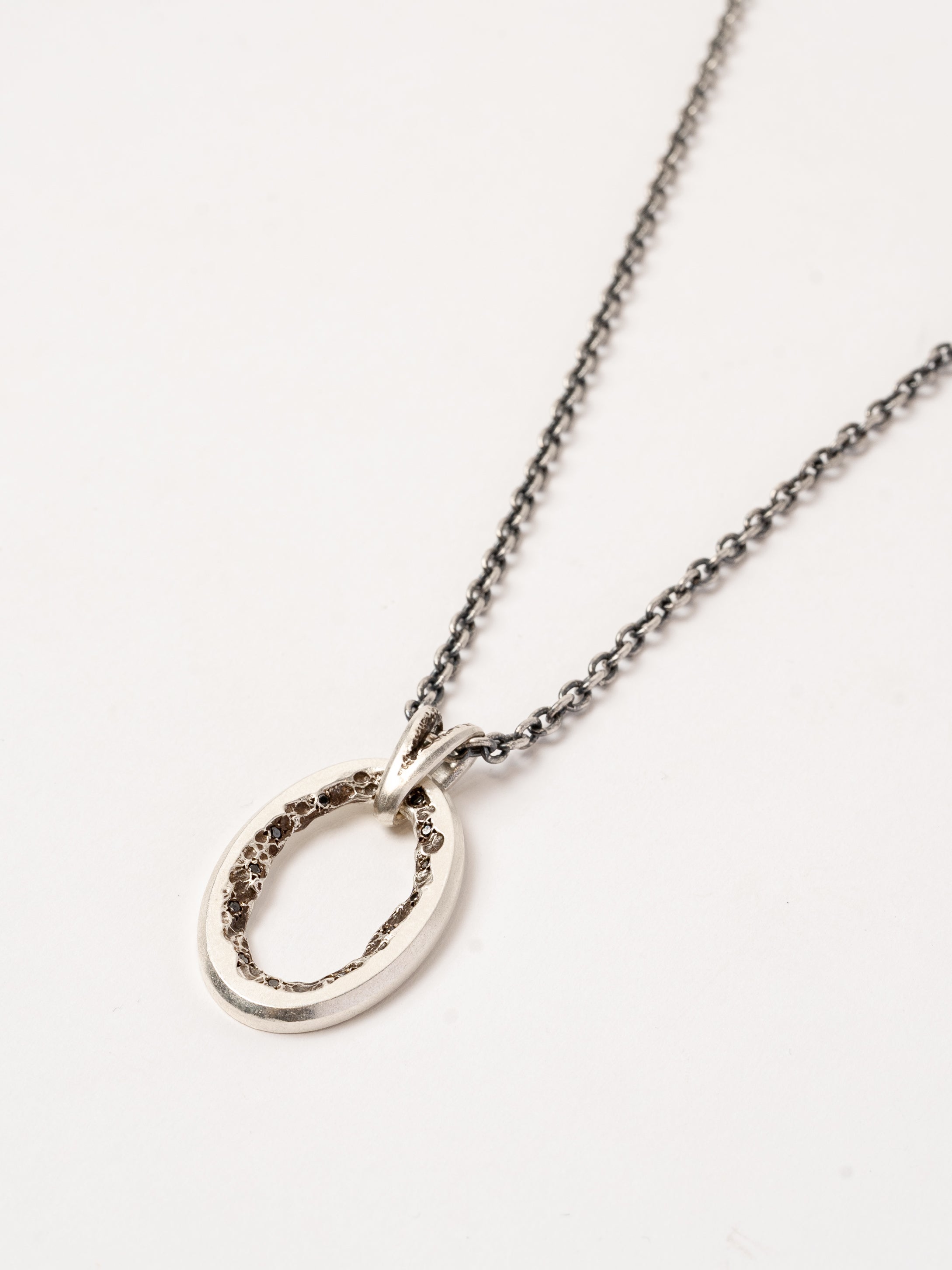 Sterling Silver Oval Pendant Necklace with Black Diamonds - INN7