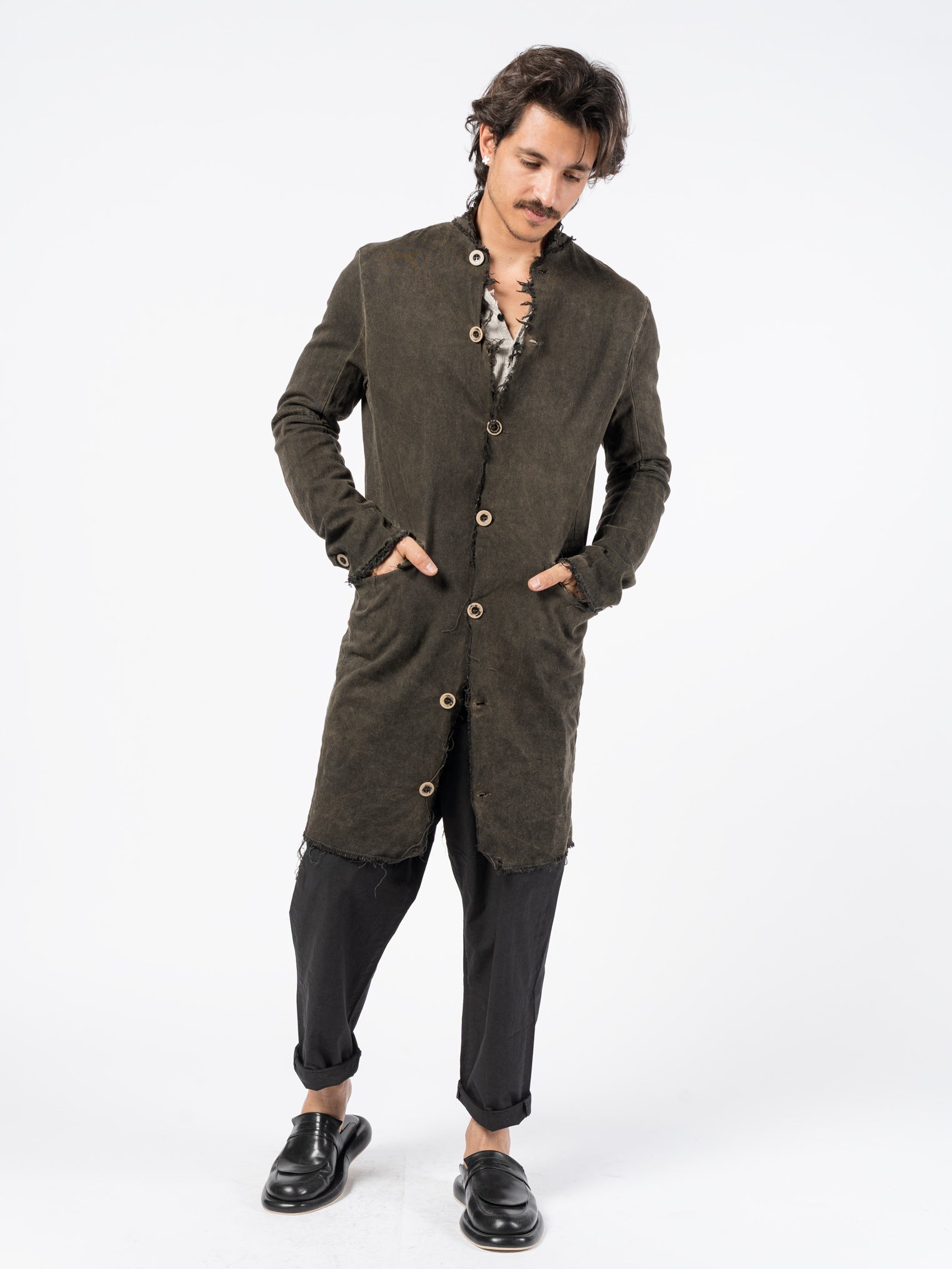 Washed Cotton Long Buttoned Coat - INN7