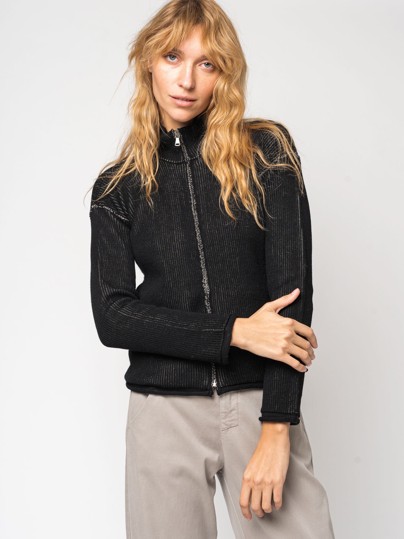 Zipped knitted jacket in two-tone ribbed - INN7