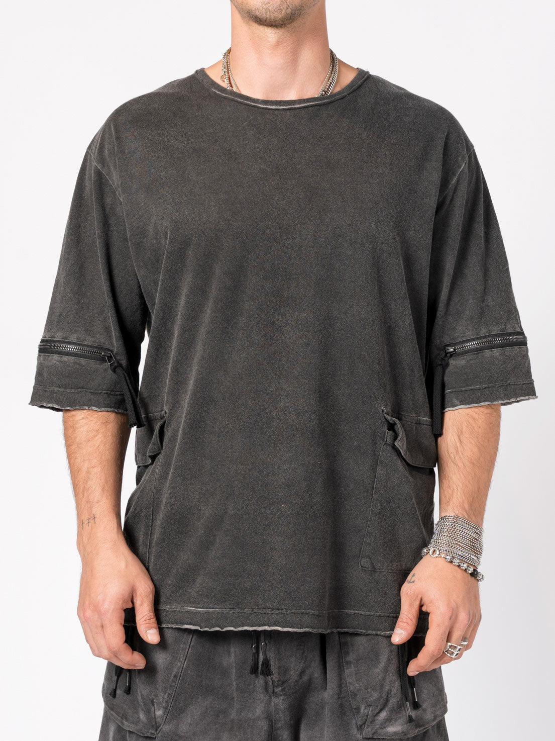 Washed Cotton T-Shirt with Zipper Detail - INN7