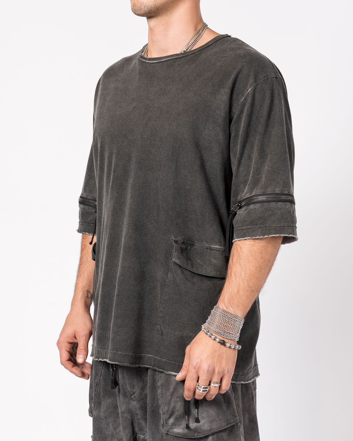Washed Cotton T-Shirt with Zipper Detail - INN7