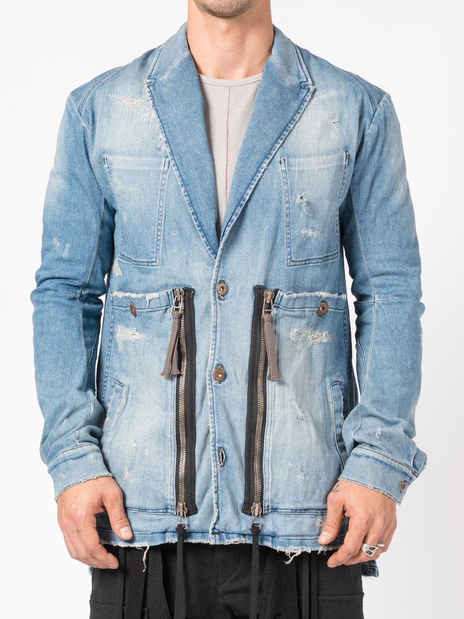 Distressed Denim Blazer with Zippers and Patch Pockets - INN7