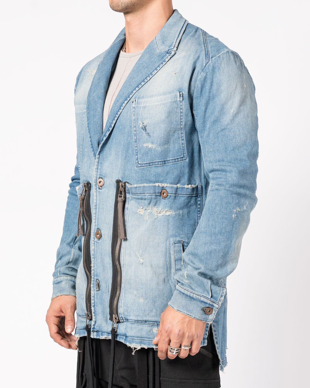 Distressed Denim Blazer with Zippers and Patch Pockets - INN7