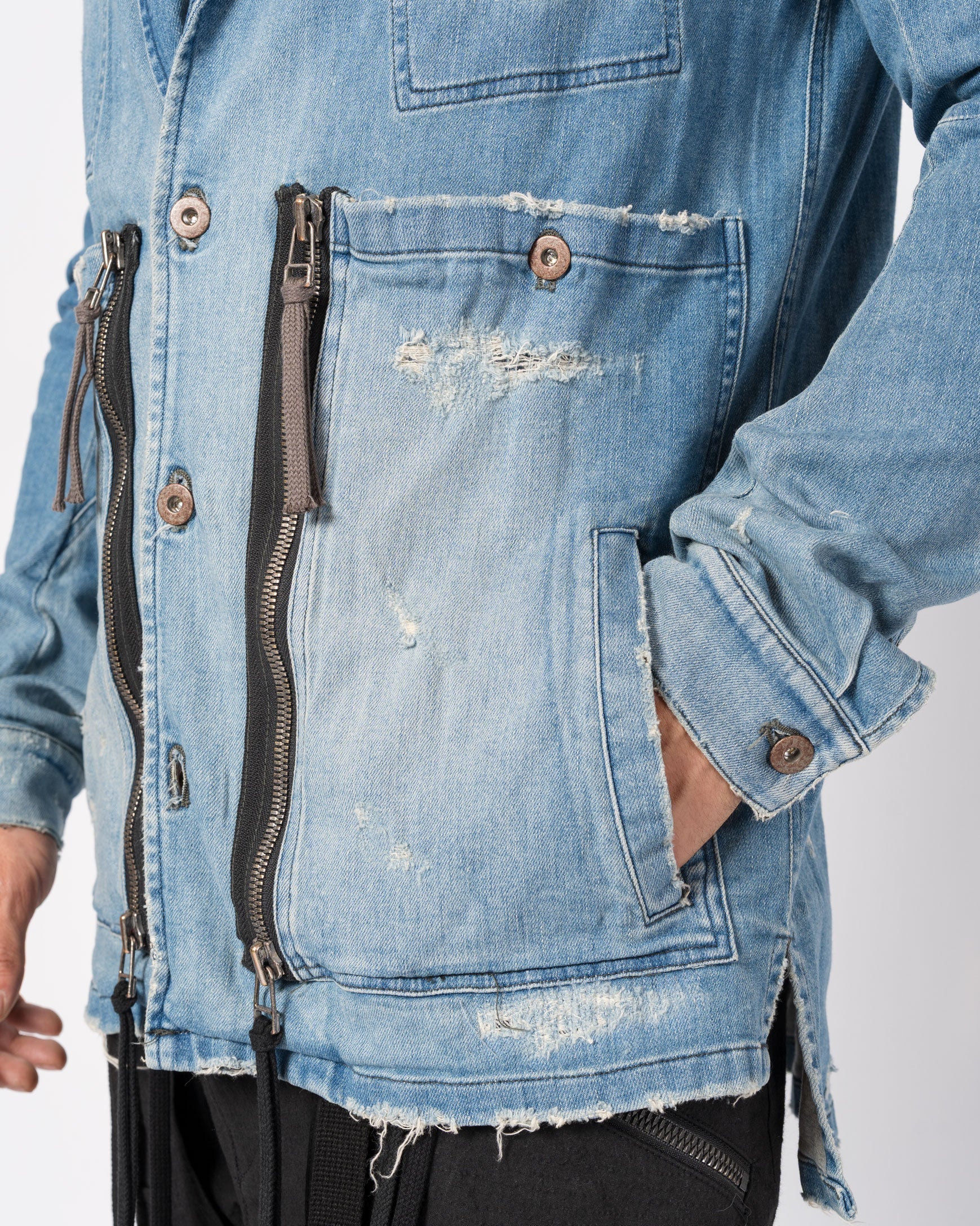 Distressed Denim Blazer with Zippers and Patch Pockets - INN7
