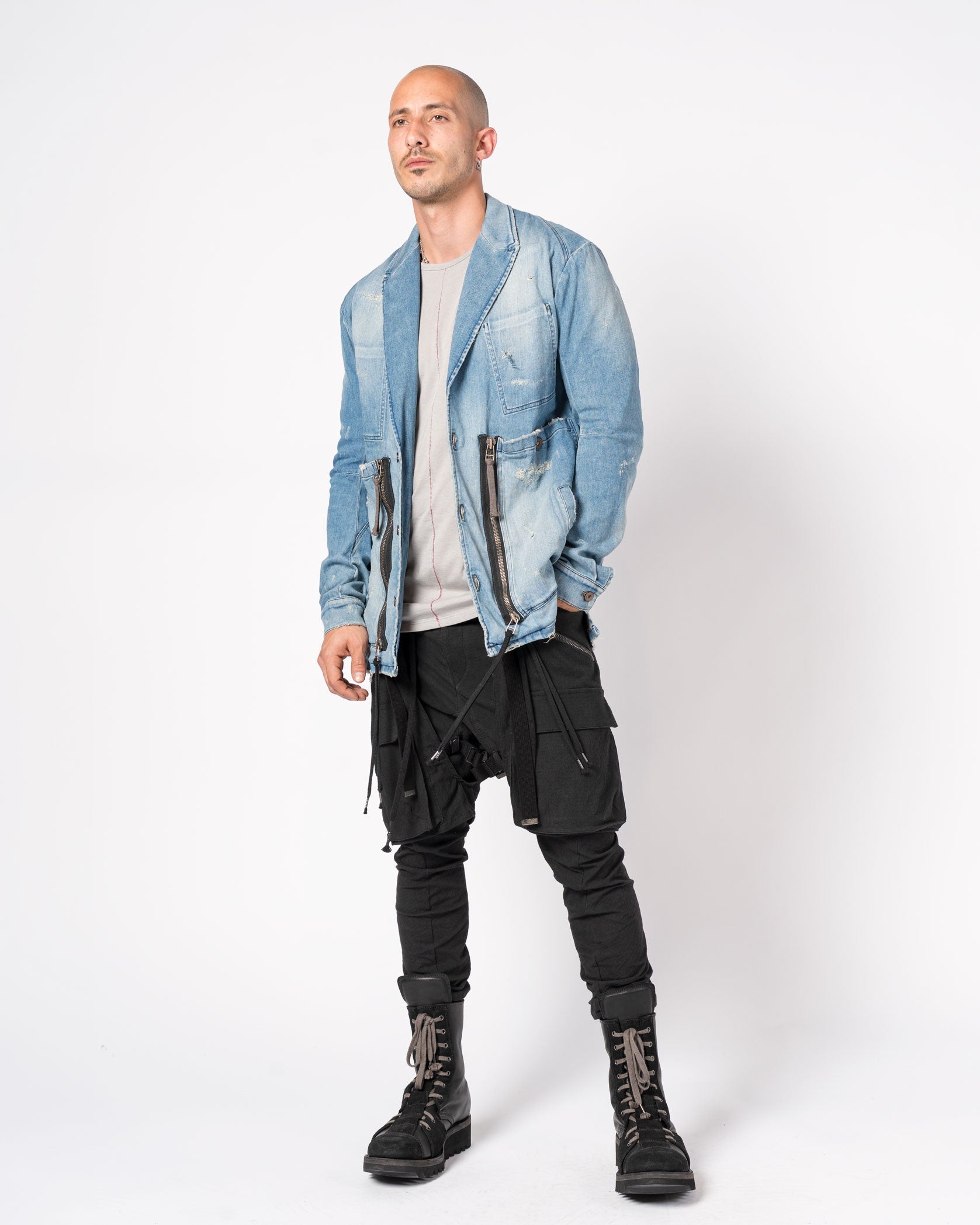 Distressed Denim Blazer with Zippers and Patch Pockets - INN7