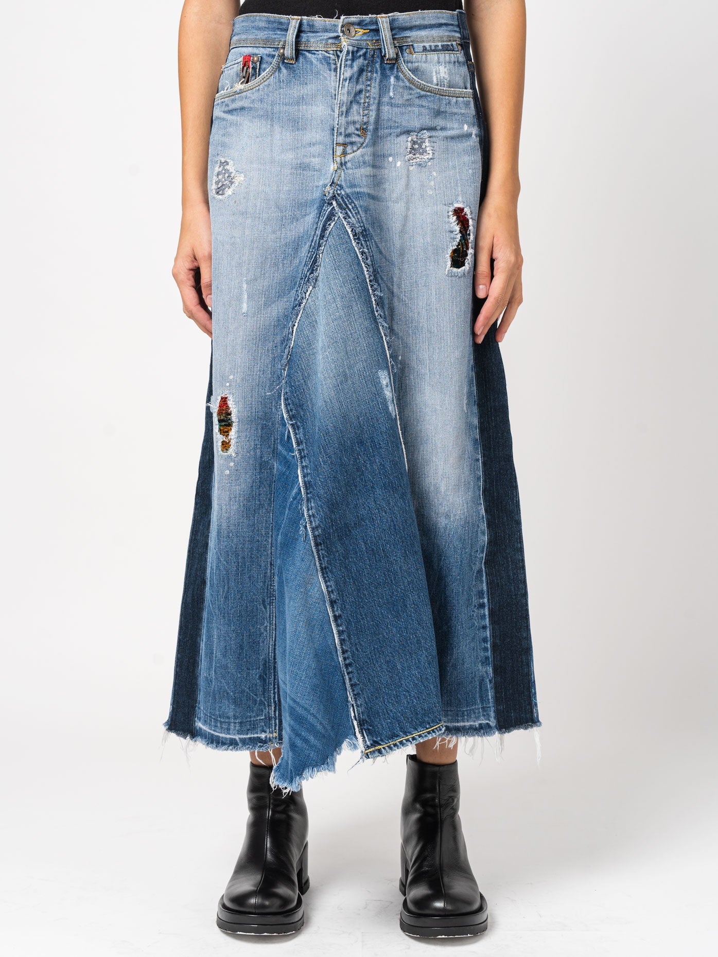 Asymmetrical Denim Patchwork Skirt - INN7