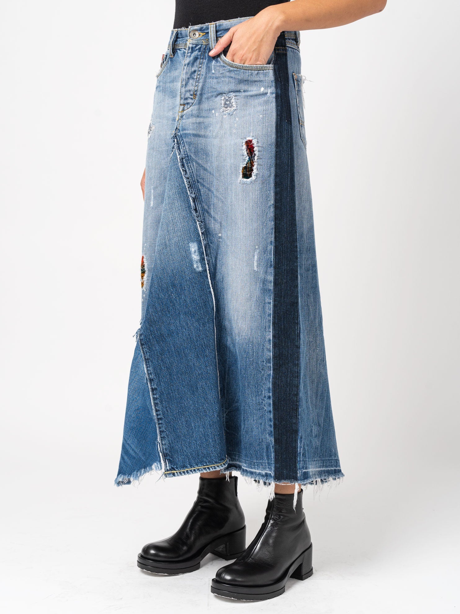 Asymmetrical Denim Patchwork Skirt - INN7