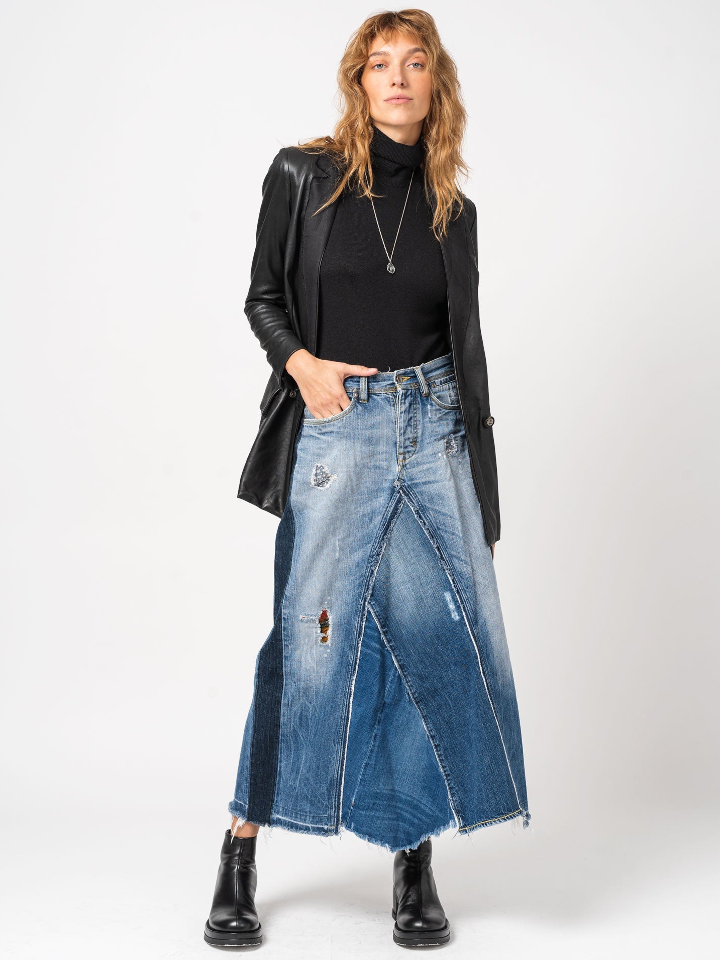 Asymmetrical Denim Patchwork Skirt - INN7
