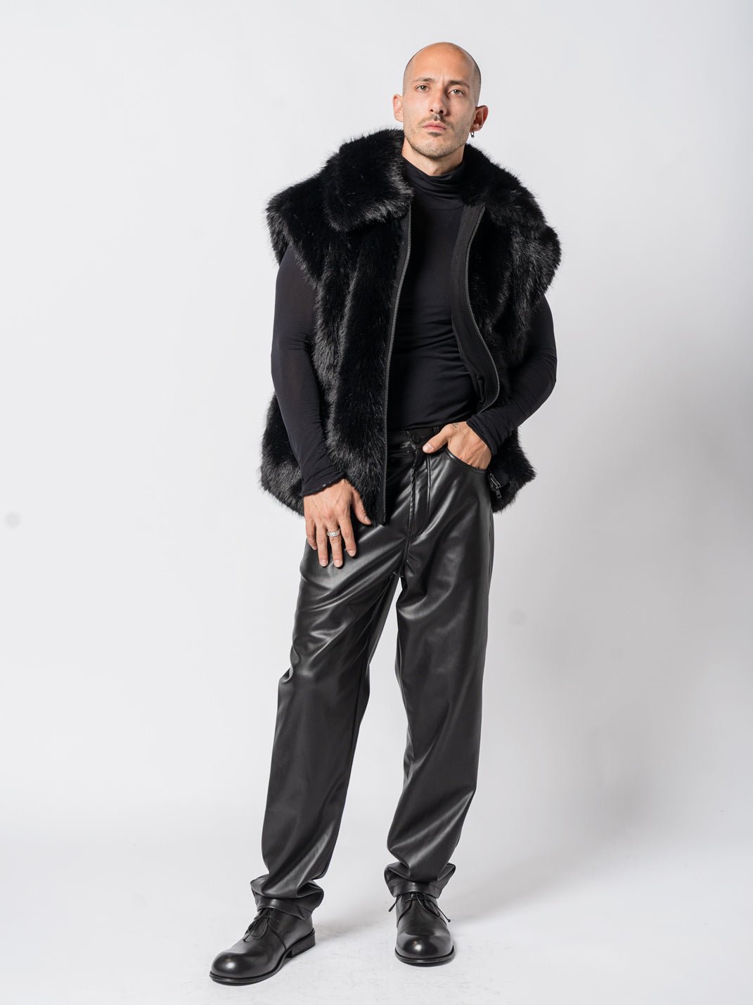 Nostra Santissima lustrous faux fur vest, structured notch collar, full-length zip, front view