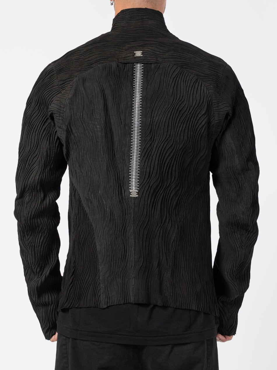 ISAAC SELLAM Wavy Pleated Leather Spine Jacket, back zipper detail view