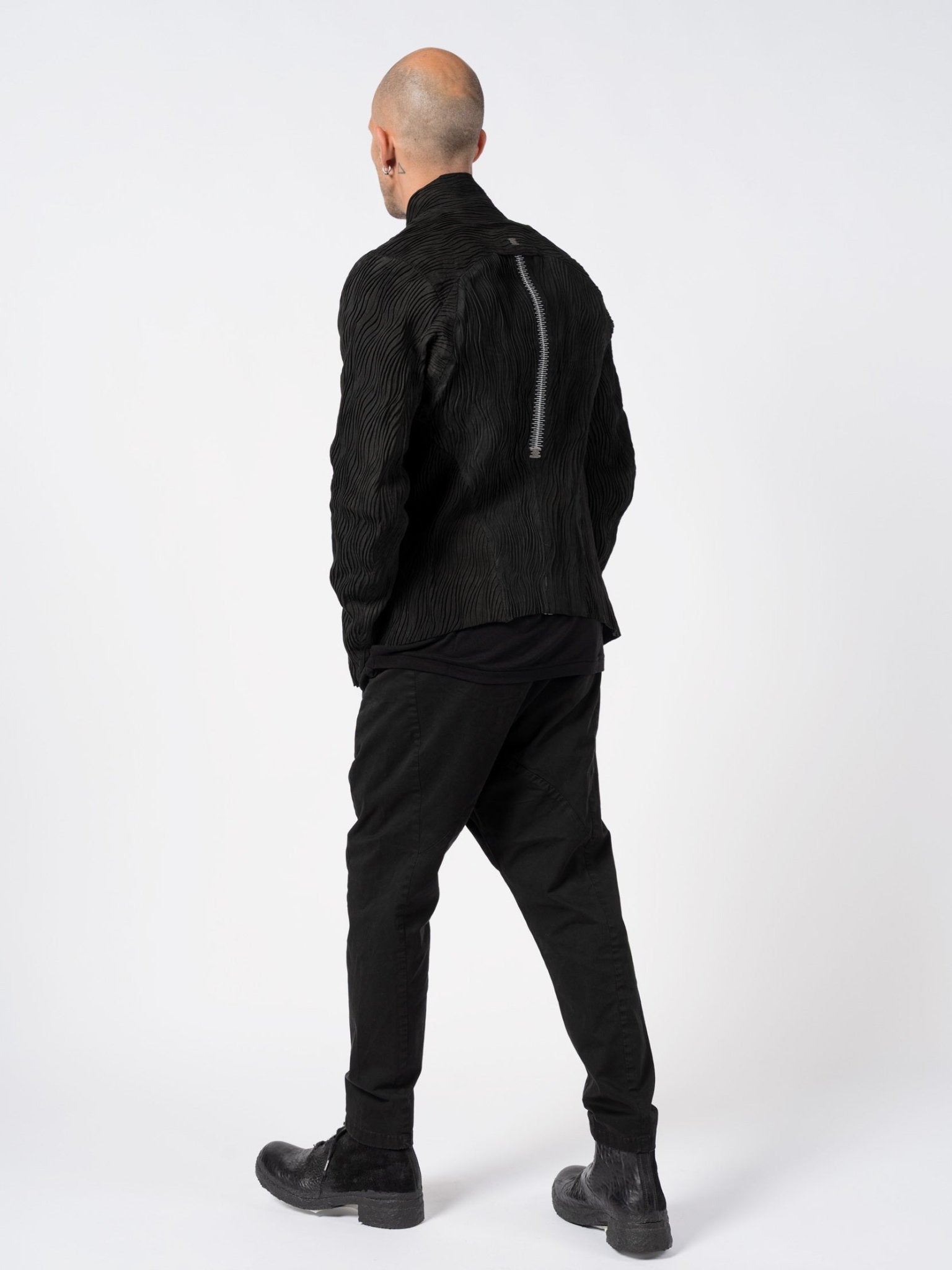 ISAAC SELLAM Wavy Pleated Leather Spine Jacket, back full-body styling view