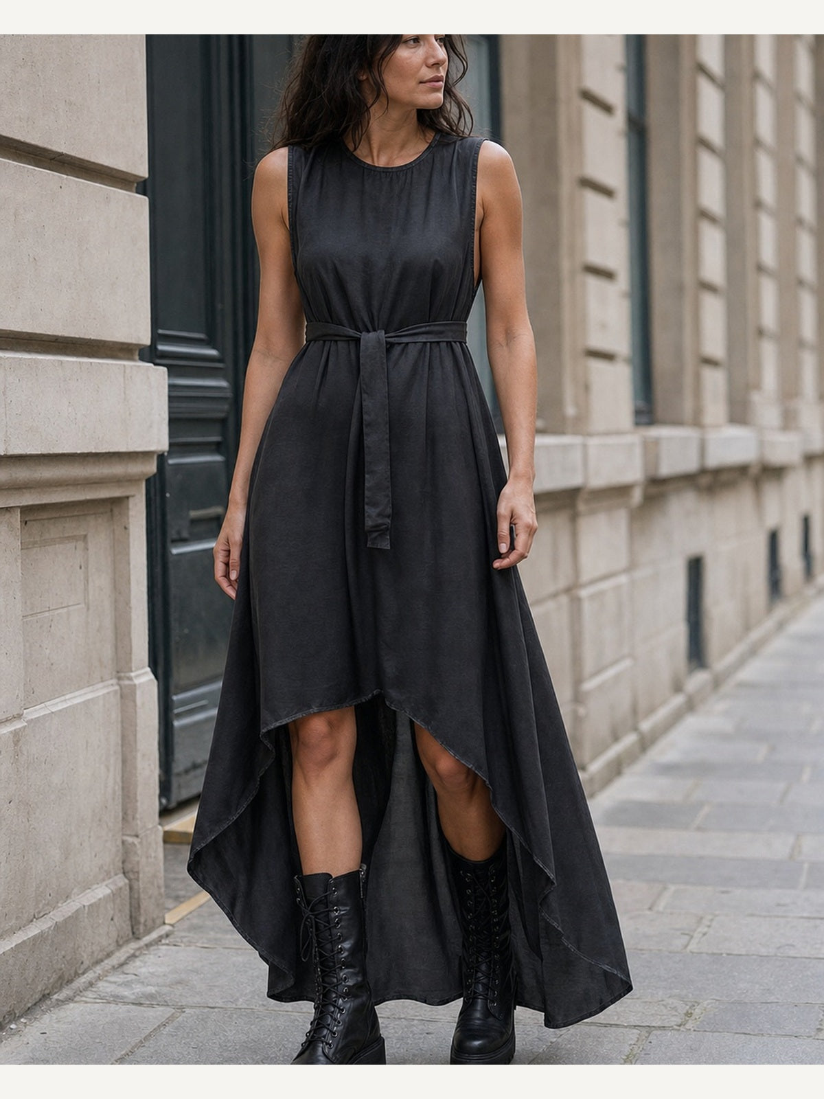 תמונת אווירה עריכתית של INN7 עבור Viscose Satin Asymmetrical Dress — LA HAINE INSIDE US