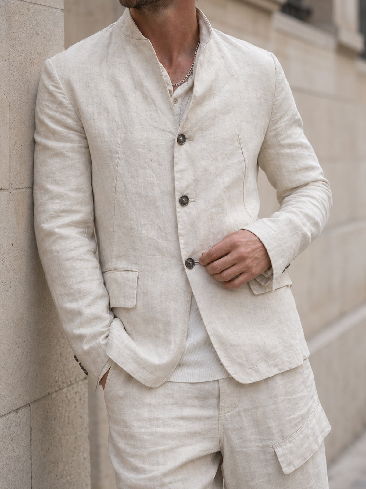 MASNADA Collarless Structured Jacket — תקריב כפתורים וכיסים, INN7