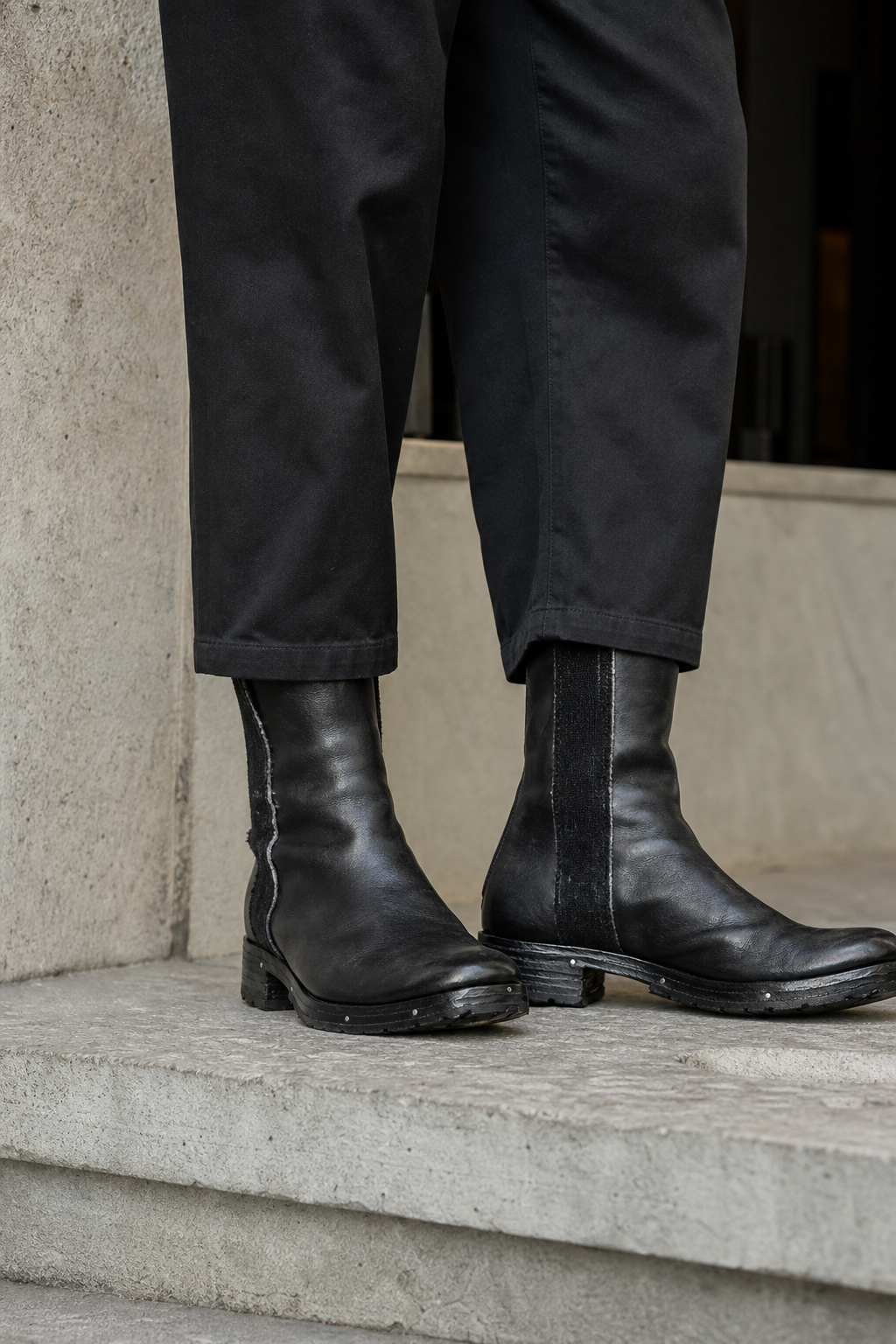 MD75 Leather and Wool High Boots on-foot editorial image