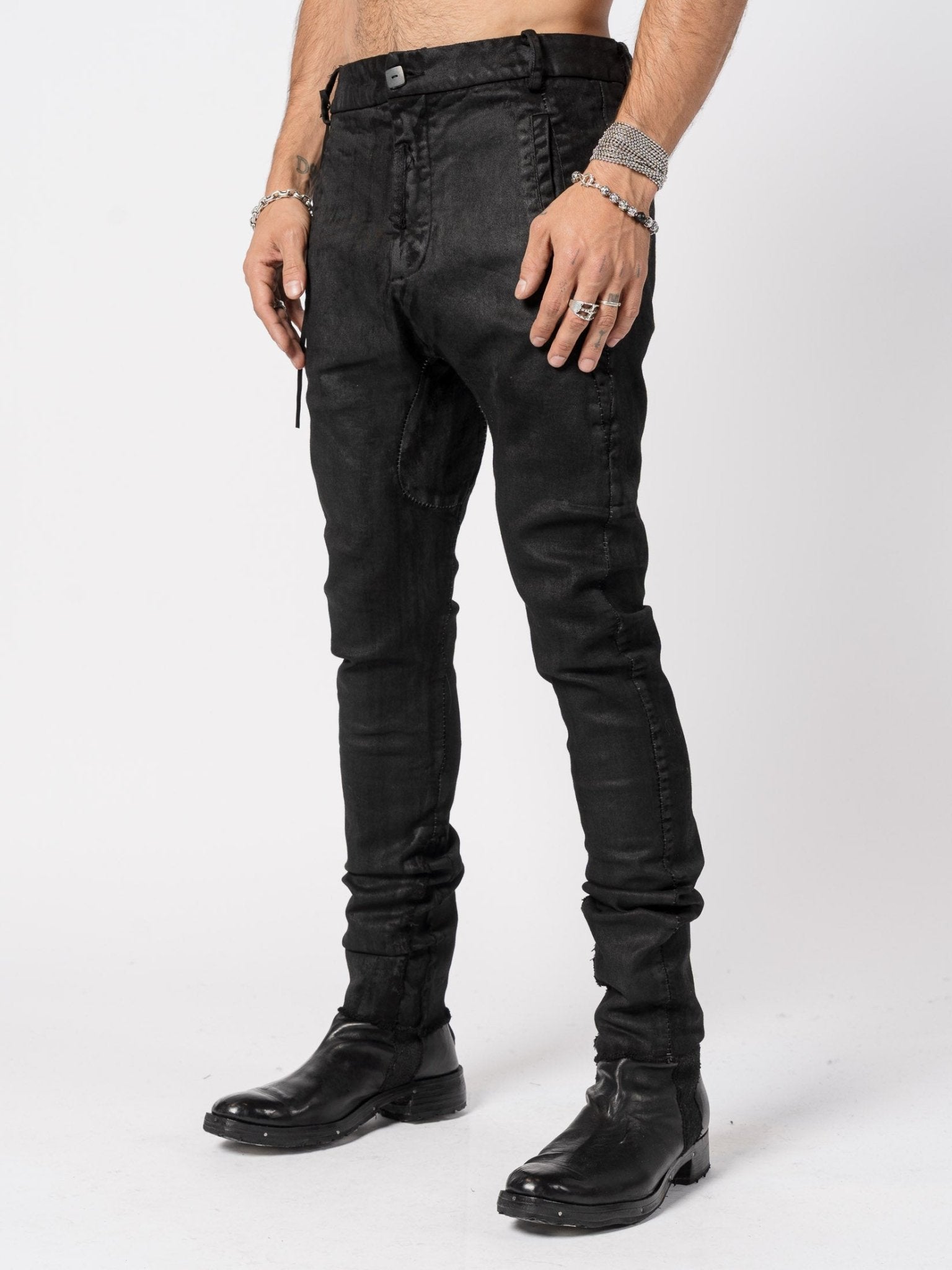 Stretch Cotton Pants with Leather Finish - by MD75