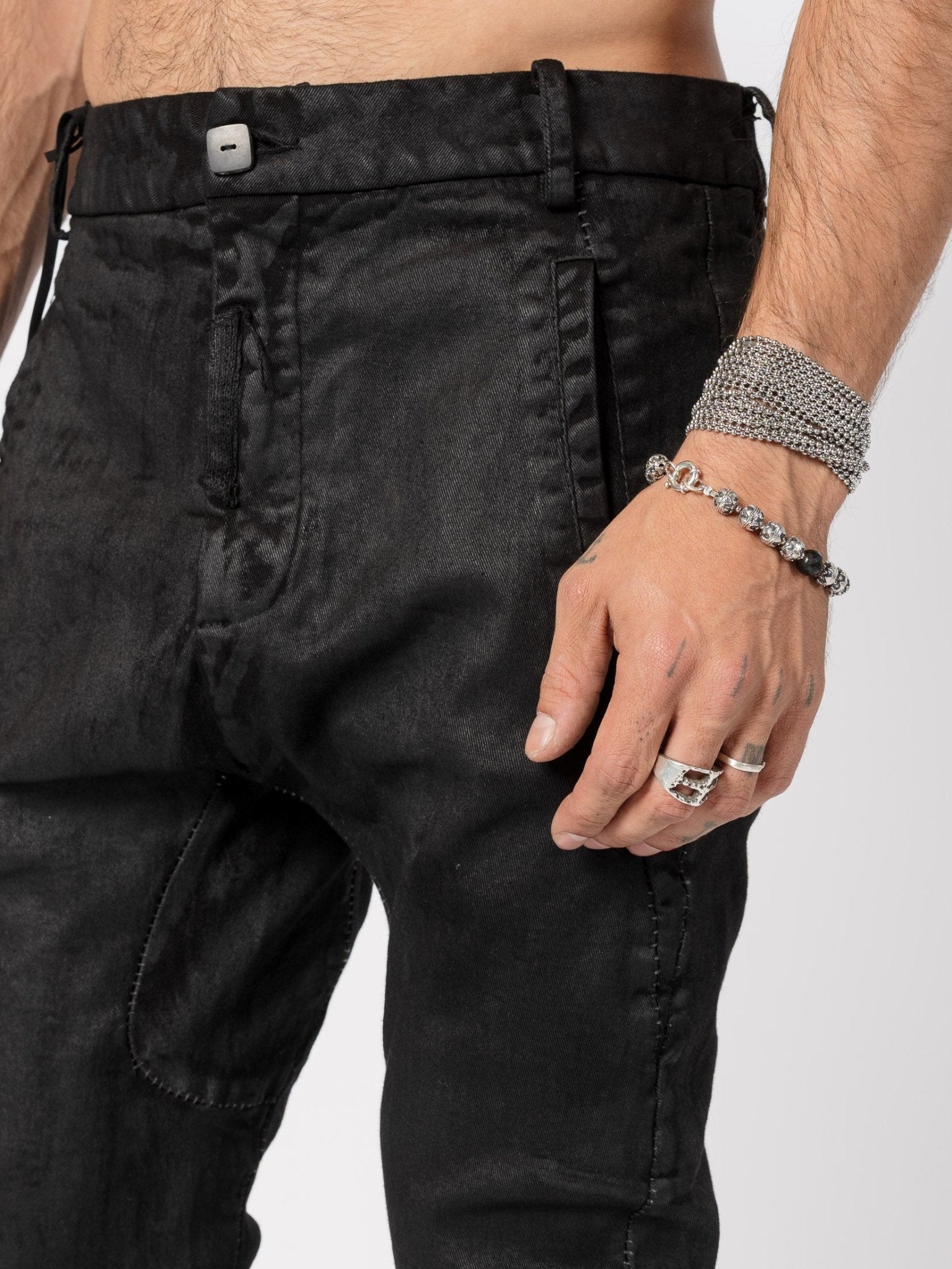 Stretch Cotton Pants with Leather Finish - by MD75