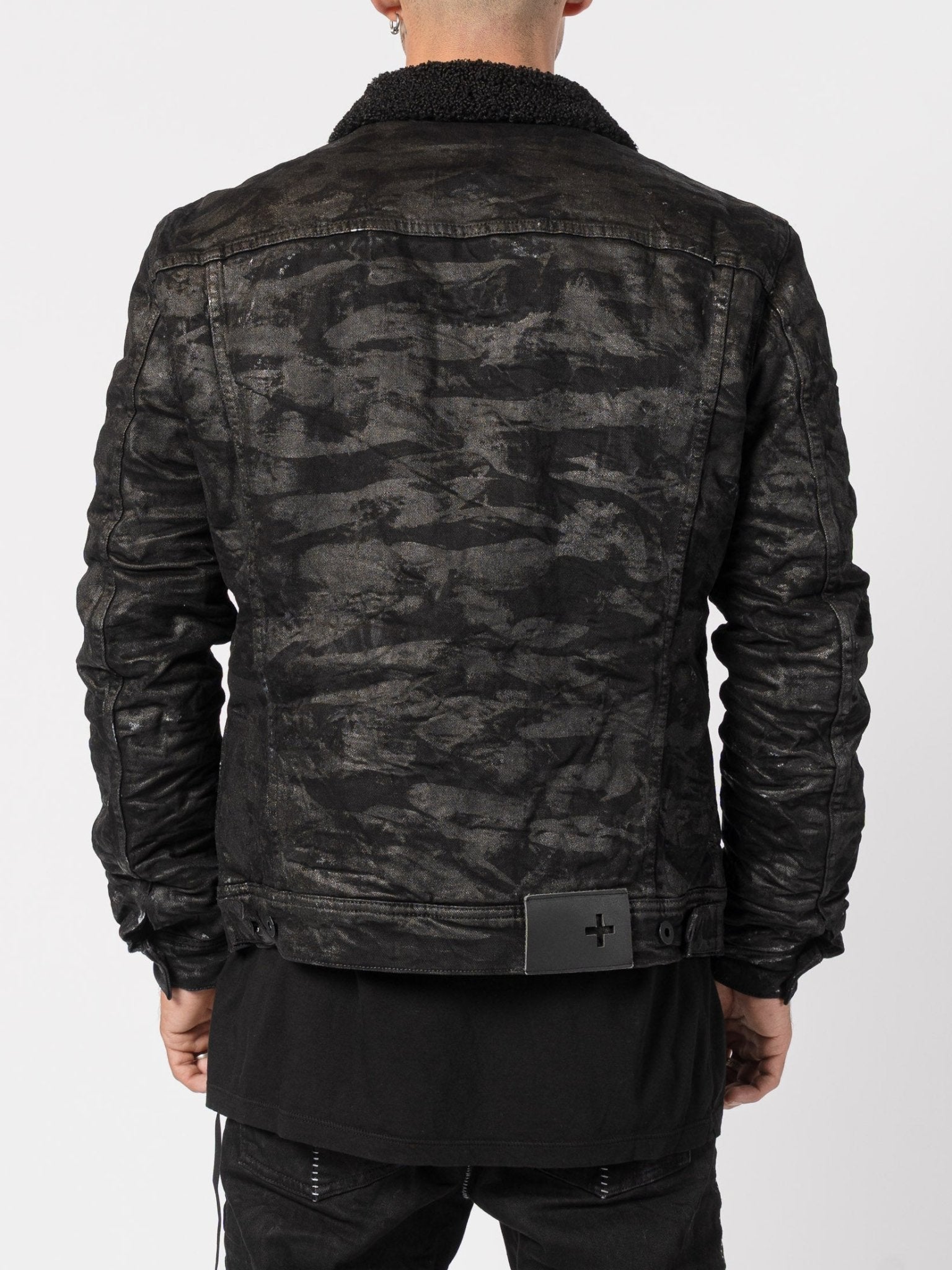 Textured Denim Jacket with Shearling Collar - by MD75