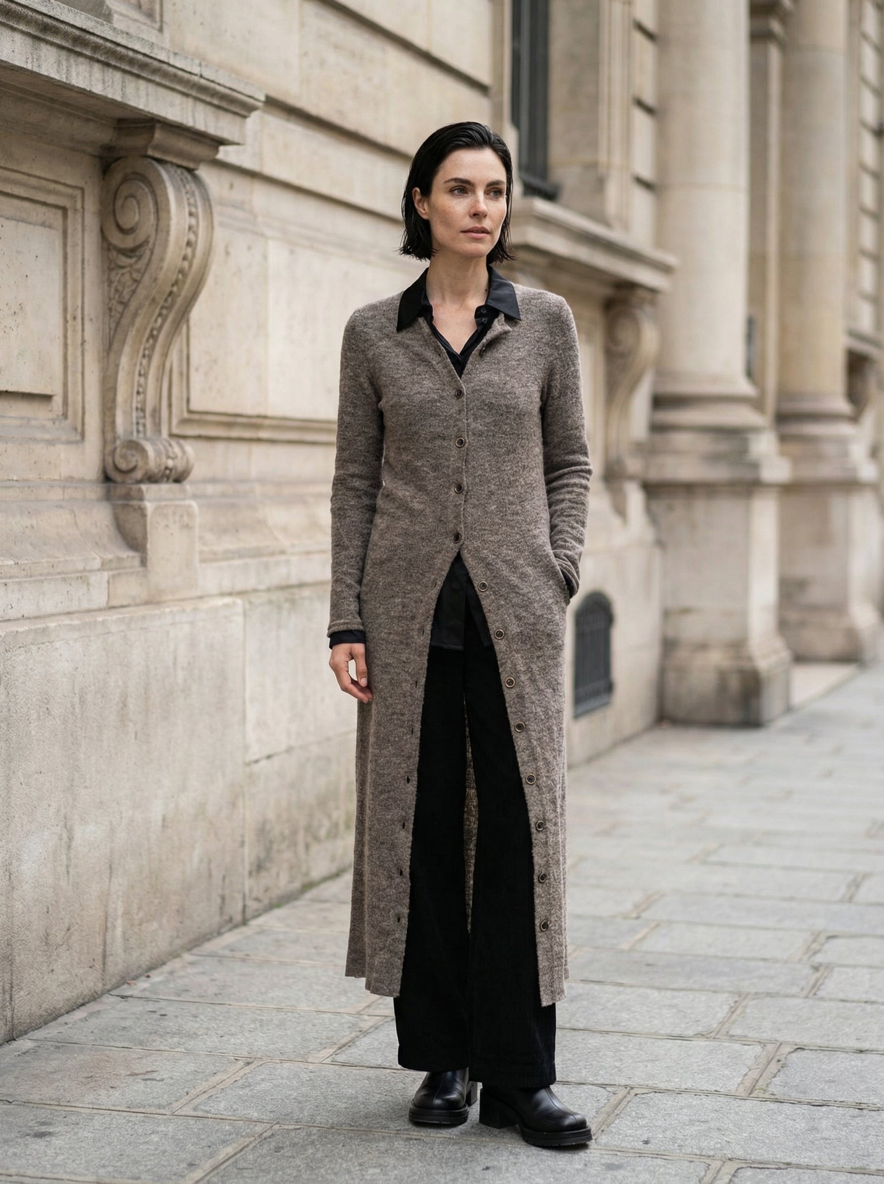 NOSTRA SANTISSIMA - Long Buttoned Cardigan - Full Body - Standing Pose