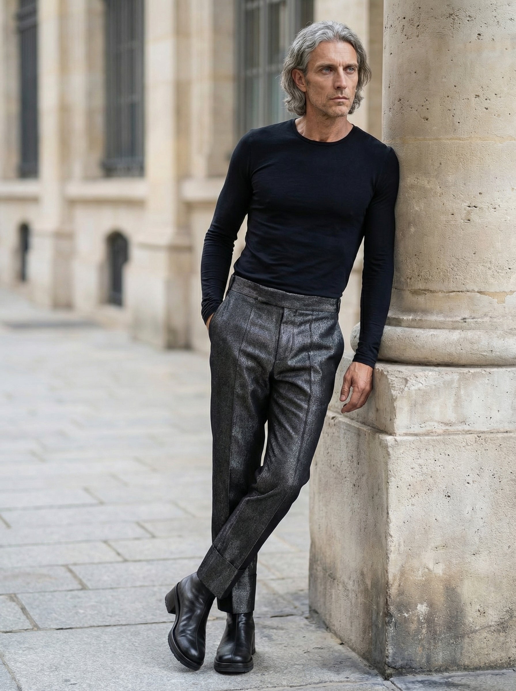 SAPIO - Denim Lamé Trousers - Editorial - Leaning Pose